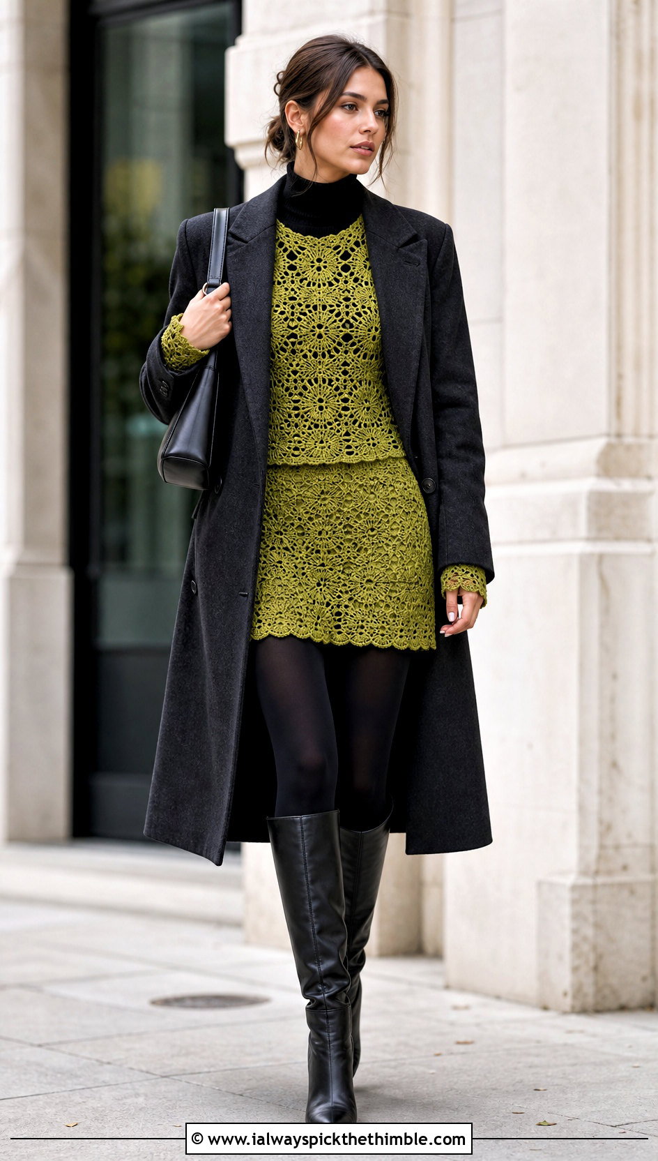 Crochet Long Sleeve Top And Mini Skirt Set With Knee High Boots - 25 crochet two piece outfit ideas