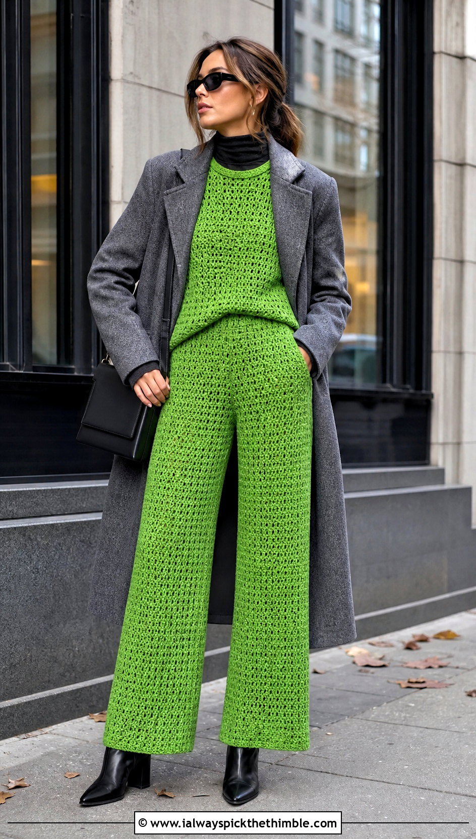 Crochet Long Sleeve Top And Wide Leg Pants Set With Ankle Boots - 20 crochet pants set outfit ideas