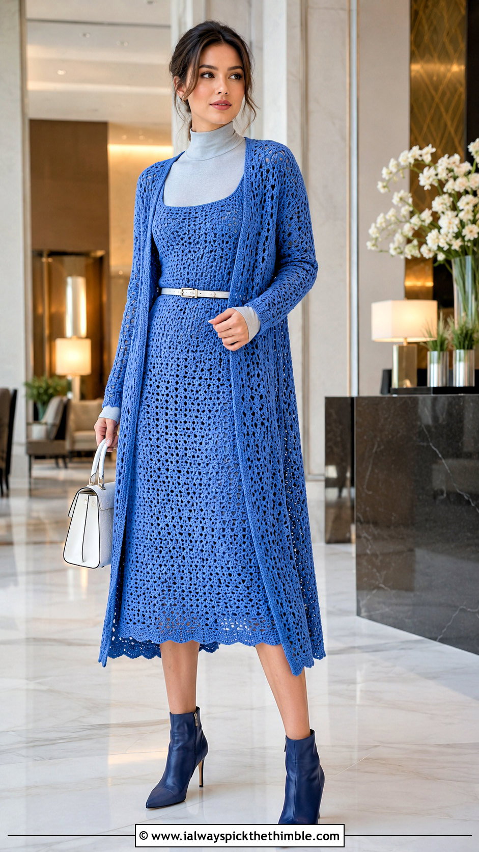 Crochet Longline Cardigan And Sleeveless Dress Set With Ankle Boots - 15 Autumn Crochet Clothing Set outfit ideas