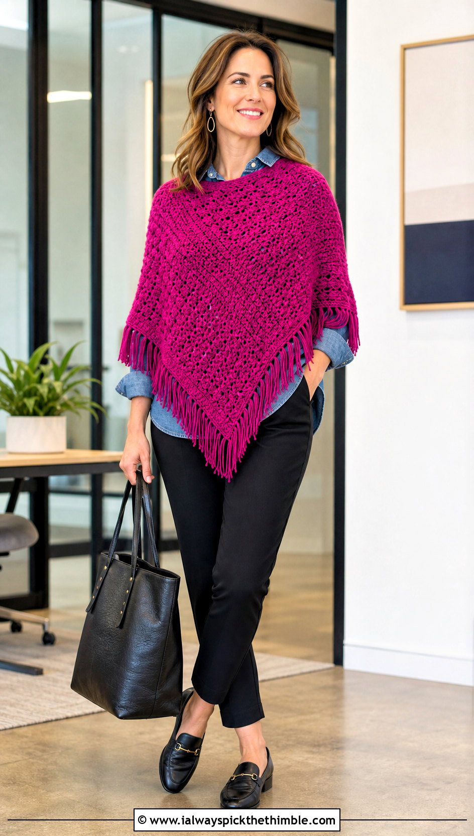 Crochet Lori Poncho With A Denim Shirt - 20 crochet lori poncho outfit ideas