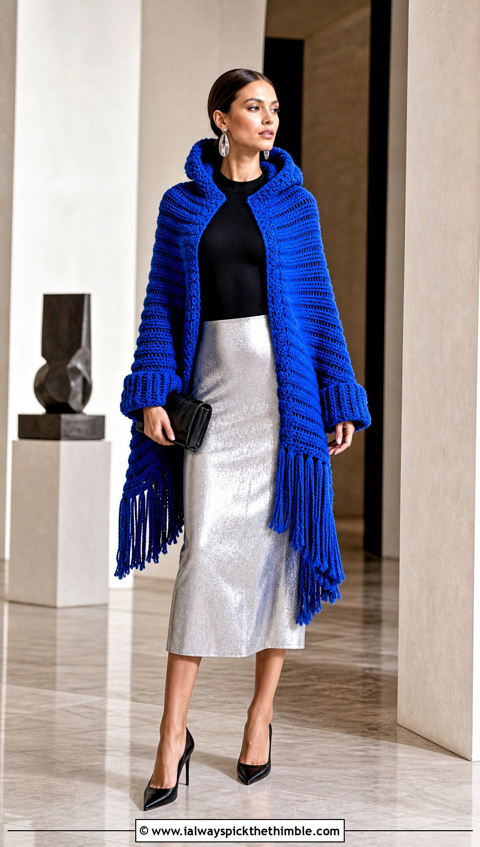 Crochet Lori Poncho With A Metallic Skirt - 20 crochet lori poncho outfit ideas