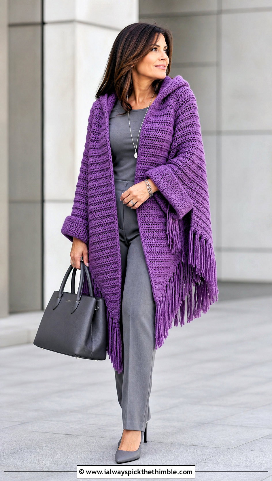 Crochet Lori Poncho With A Monochrome Base - 20 crochet lori poncho outfit ideas