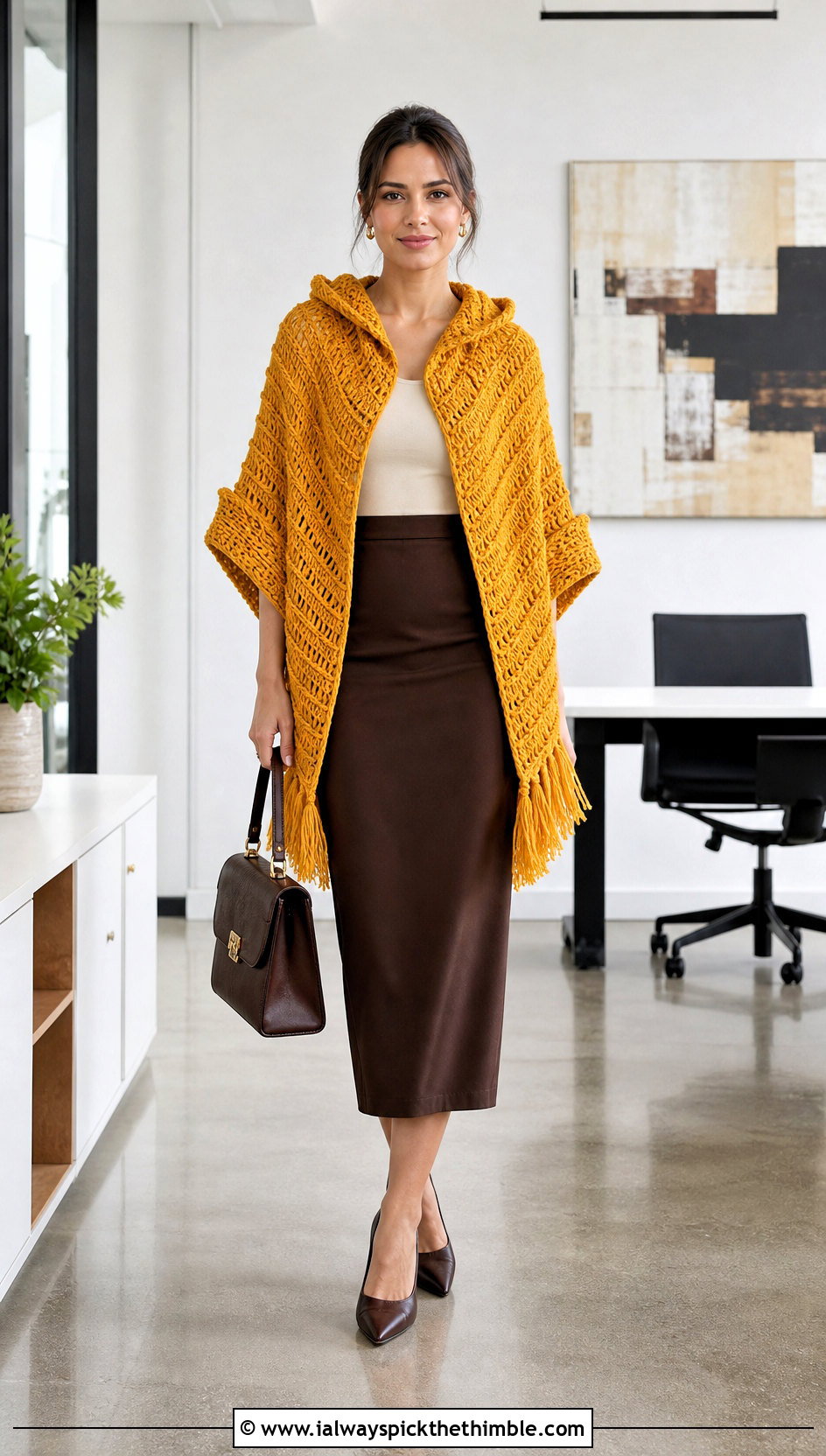 Crochet Lori Poncho With A Pencil Skirt - 20 crochet lori poncho outfit ideas