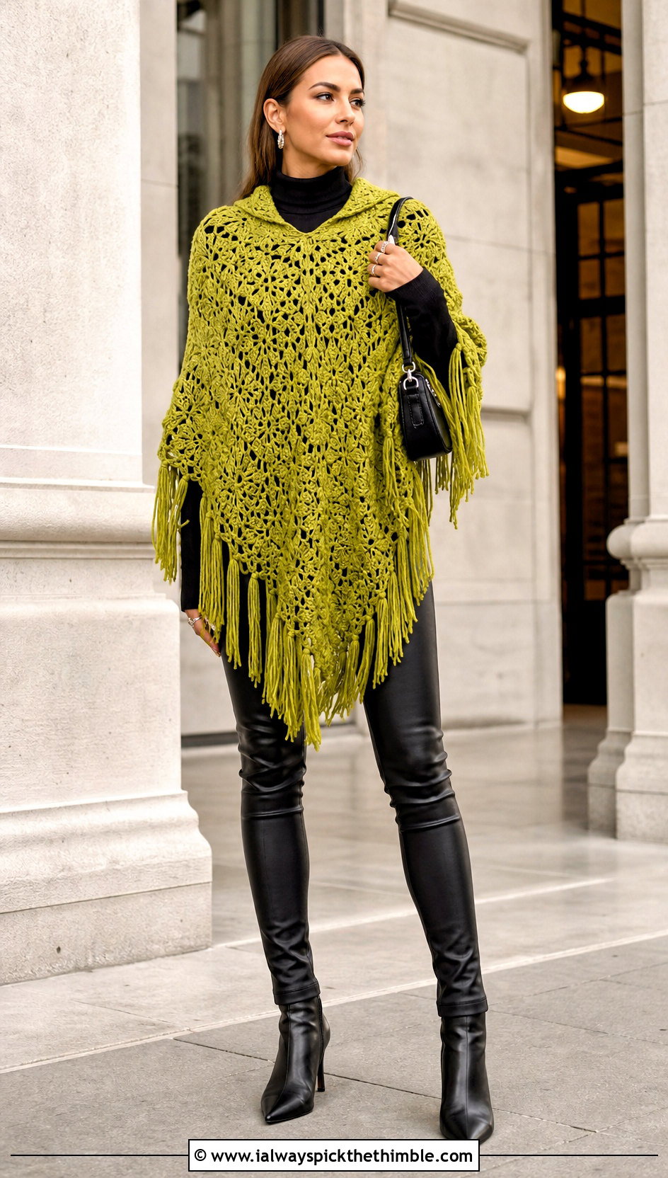 Crochet Lori Poncho With Black Leather Pants - 20 crochet lori poncho outfit ideas