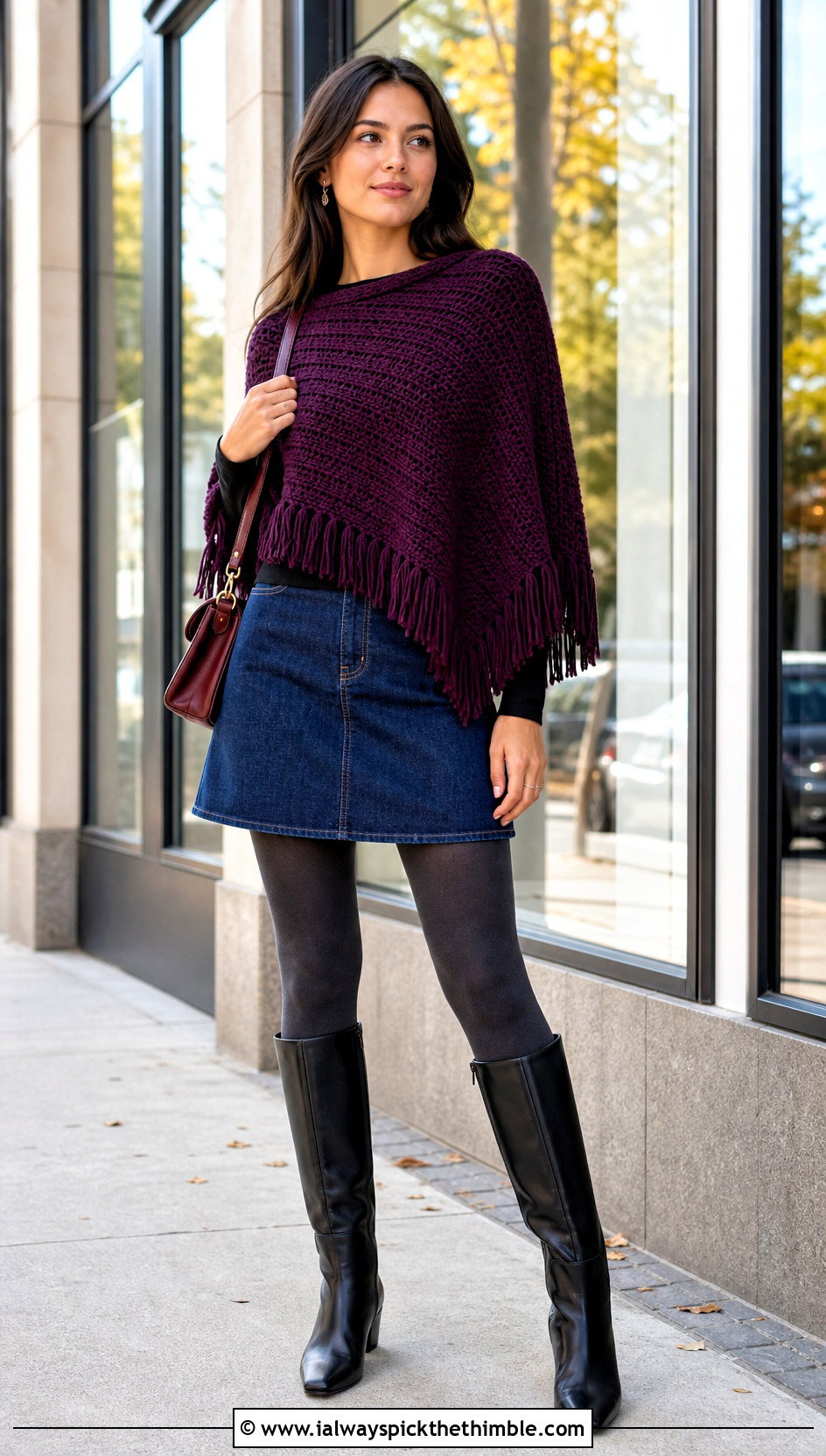 Crochet Lori Poncho With Denim Mini Skirt - 20 crochet lori poncho outfit ideas