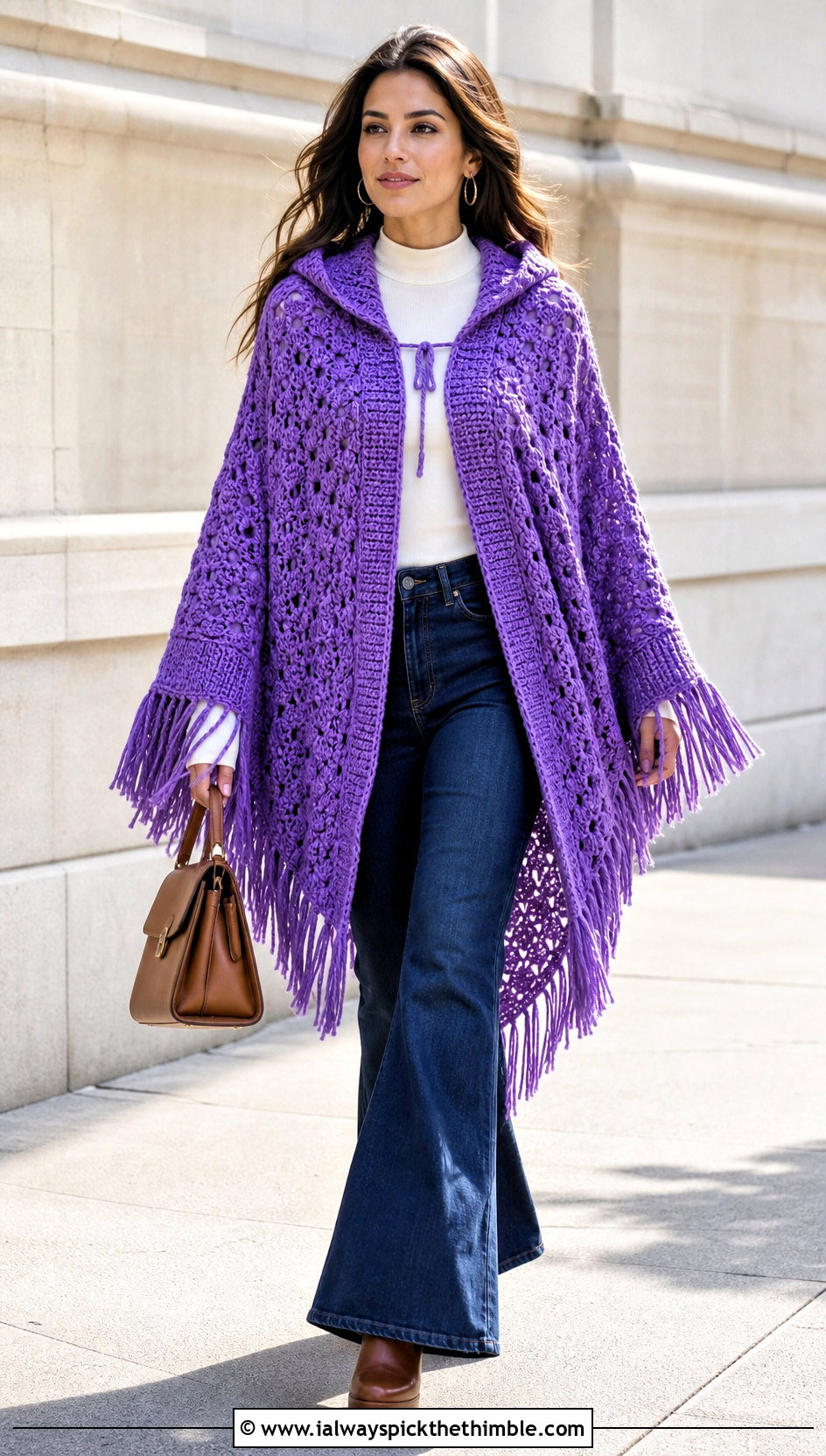 Crochet Lori Poncho With Flared Jeans - 20 crochet lori poncho outfit ideas