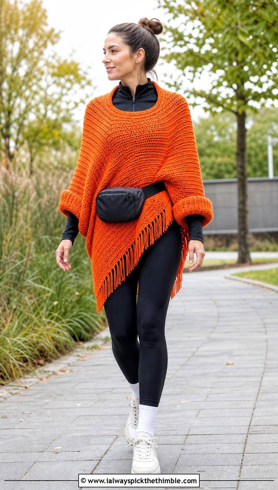 Crochet Lori Poncho With Leggings And Sneakers - 20 crochet lori poncho outfit ideas
