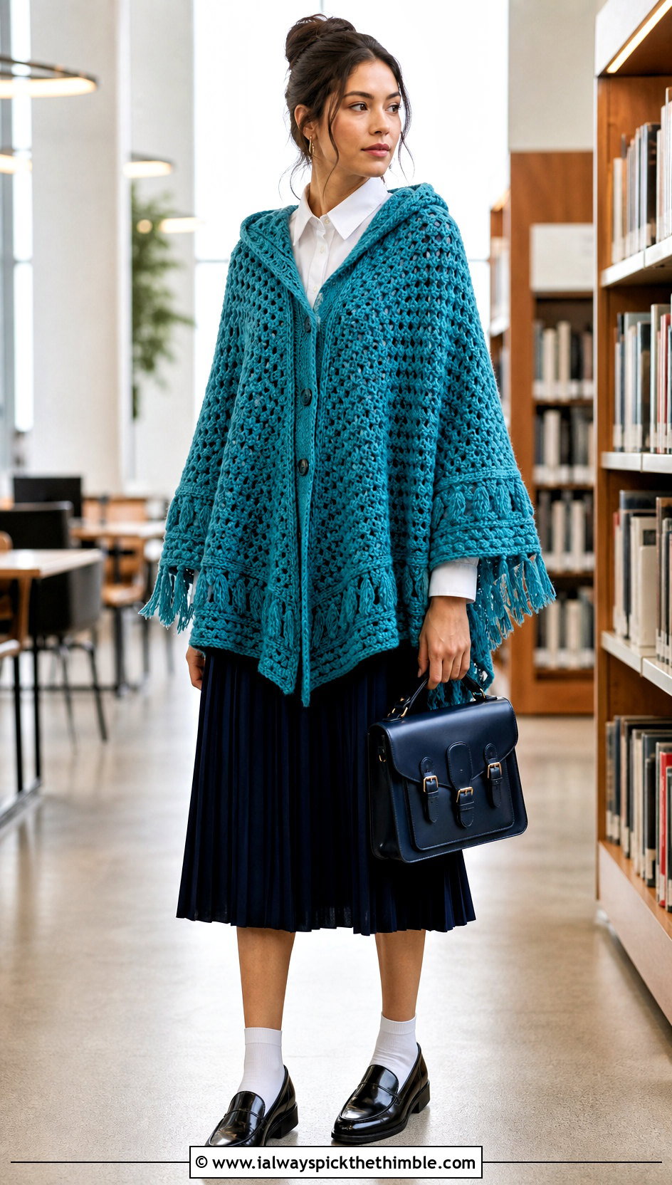 Crochet Lori Poncho With Pleated Midi Skirt - 20 crochet lori poncho outfit ideas