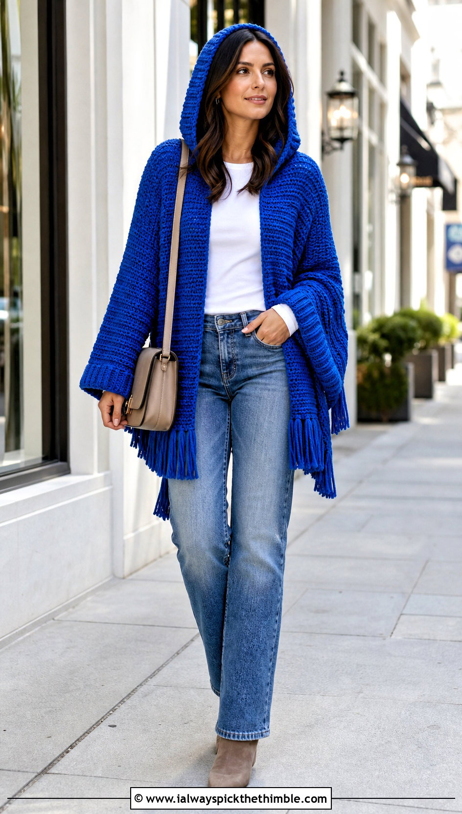 Crochet Lori Poncho With Straight Leg Jeans - 20 crochet lori poncho outfit ideas