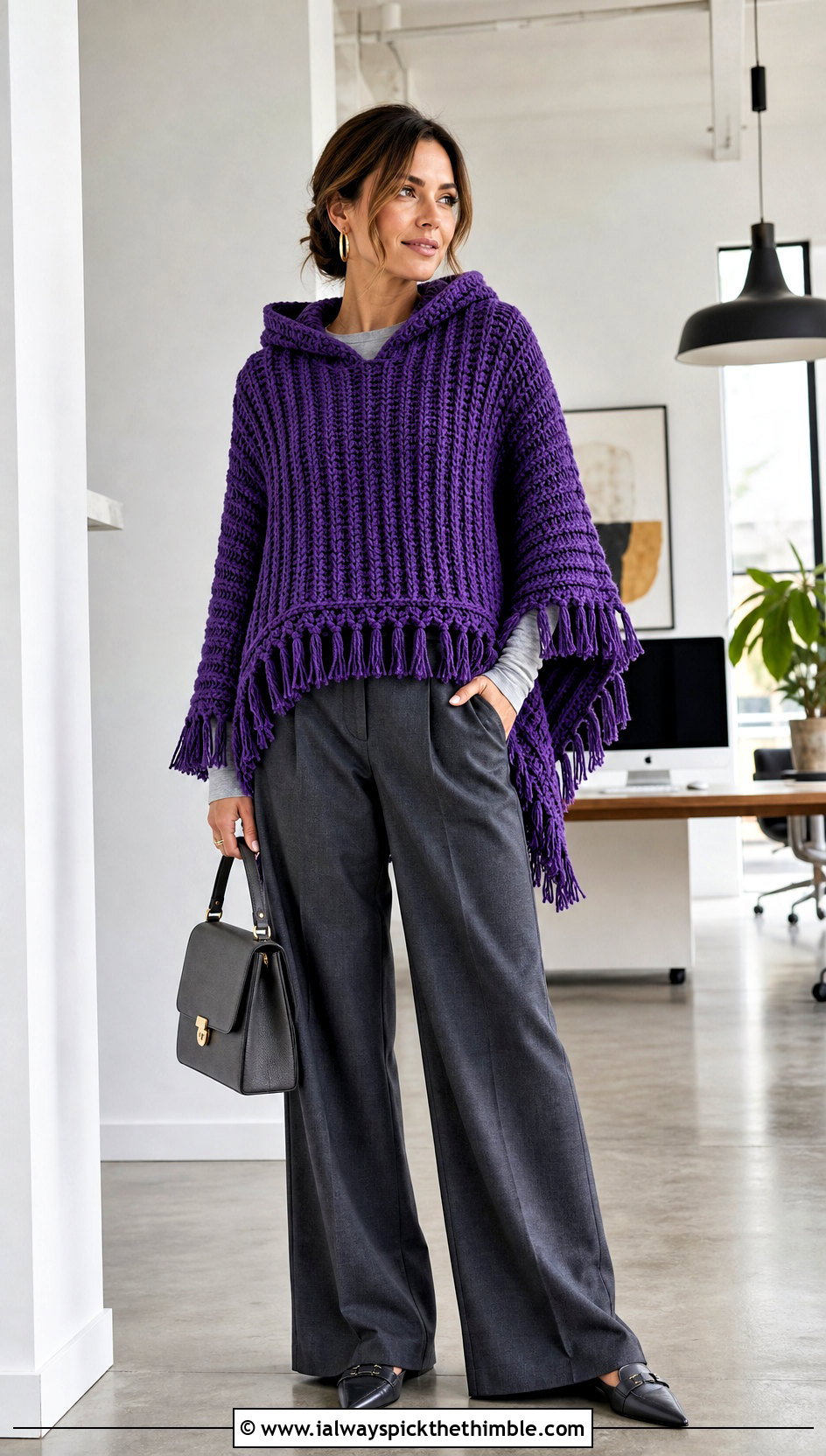Crochet Lori Poncho With Wide Leg Trousers - 20 crochet lori poncho outfit ideas