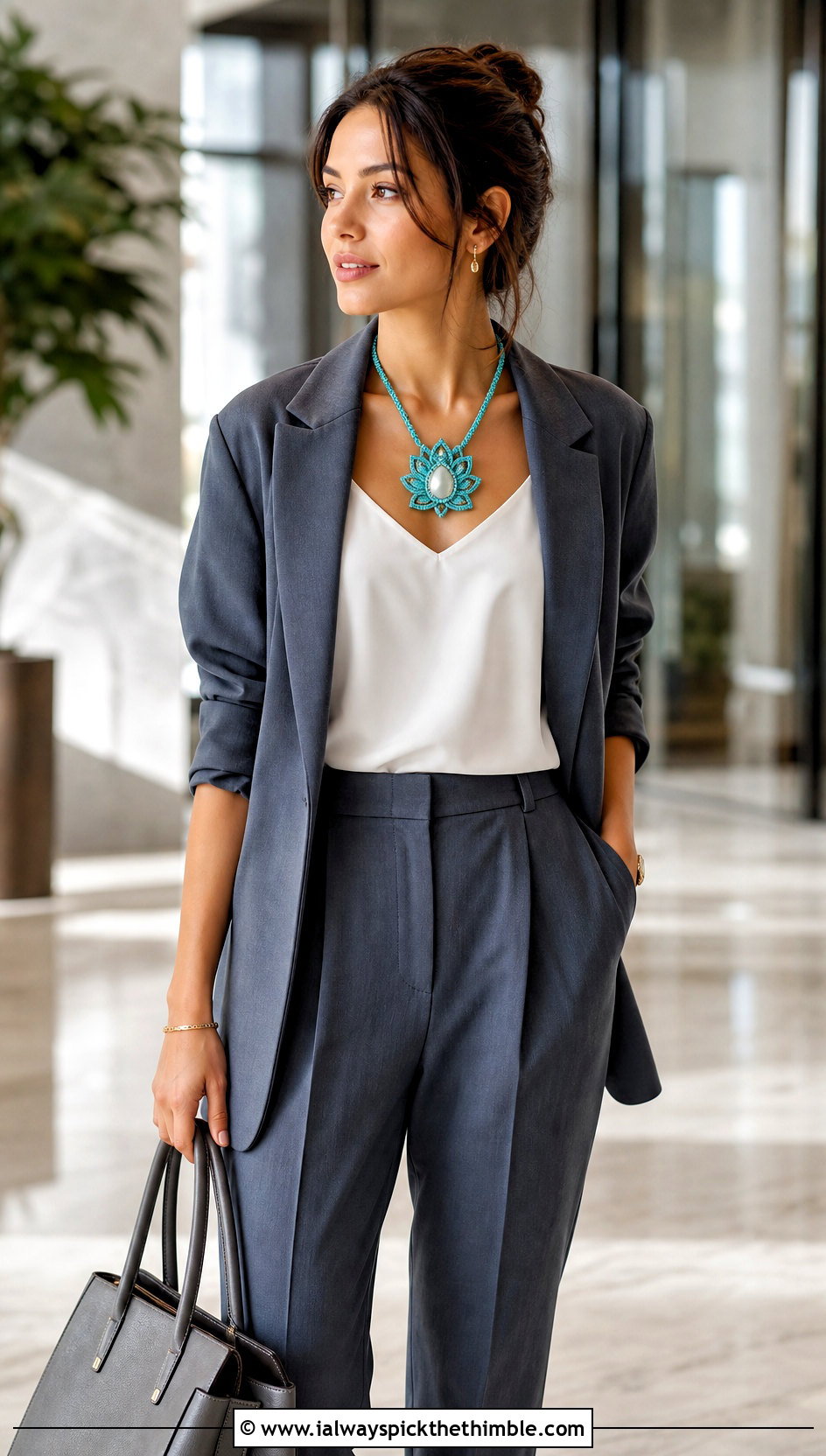 Crochet Lotus Necklace With Tailored Suit - 20 Crochet Flower Outfit ideas