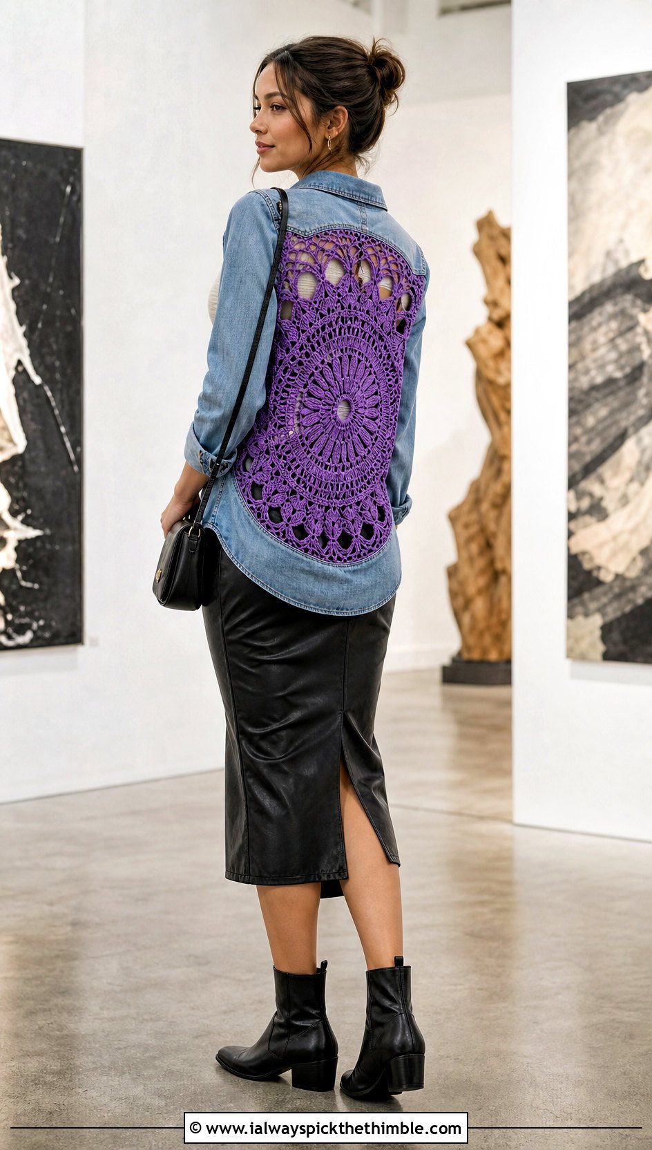 Crochet Mandala Back Upcycled Denim Shirt With Leather Midi Skirt - 20 Upcycle Shirt With Crochet outfit ideas