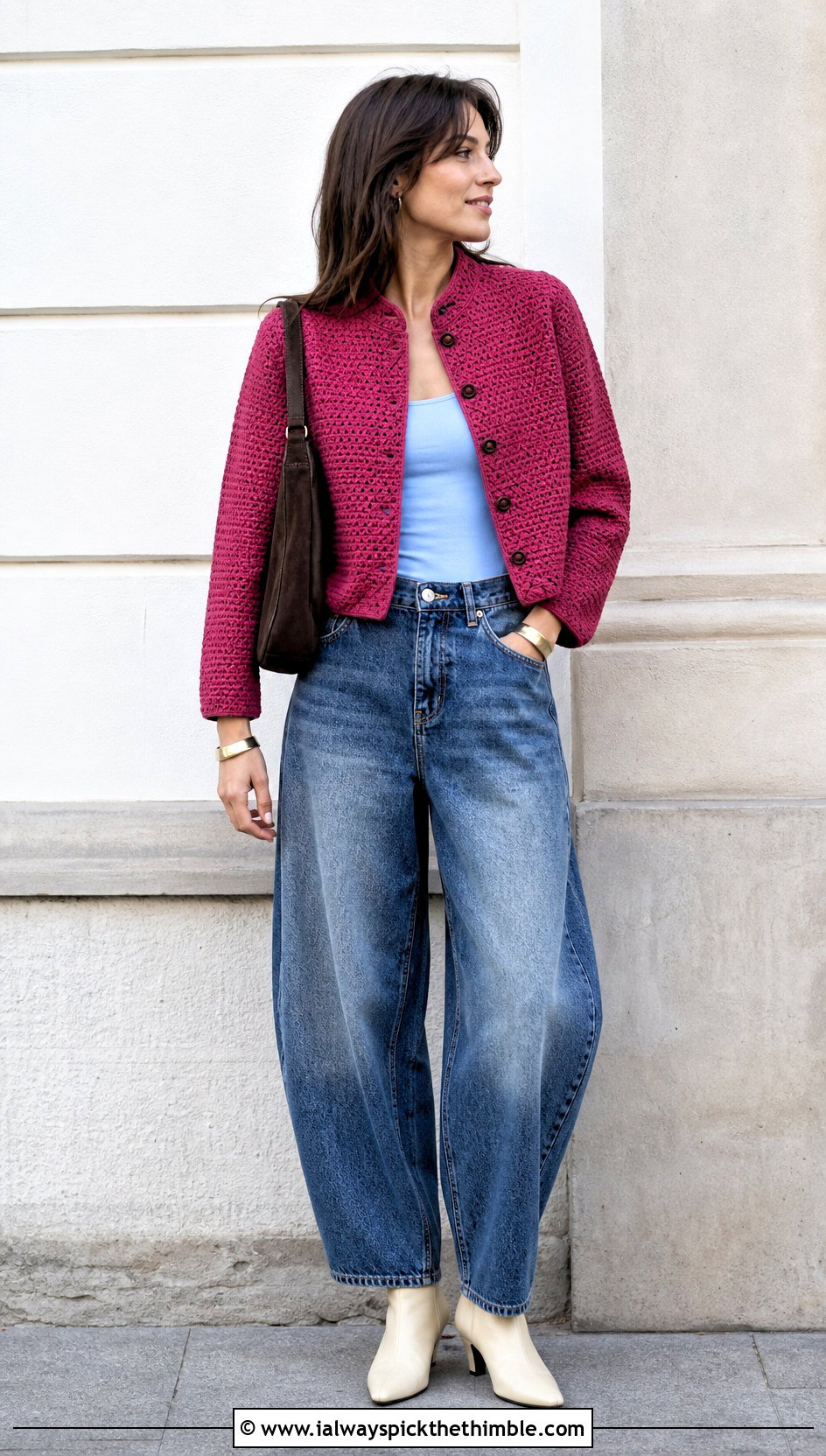 Crochet Mandarin Collar Jacket With Barrel Jeans - 20 Crochet Jacket With Collar outfit ideas