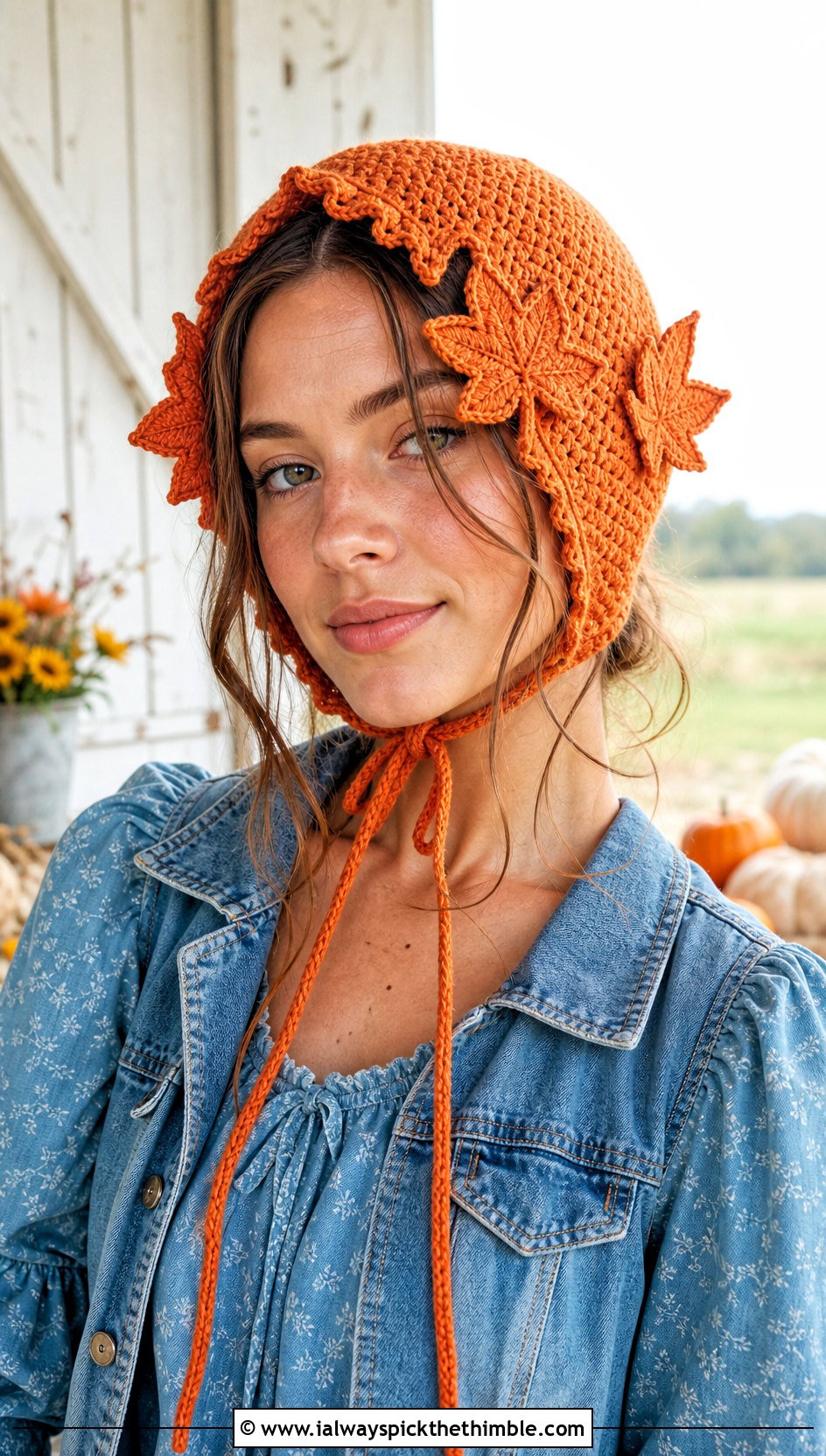 Crochet Maple Leaf Bonnet With Prairie Dress - 15 Crochet Thanksgiving Hat outfit ideas