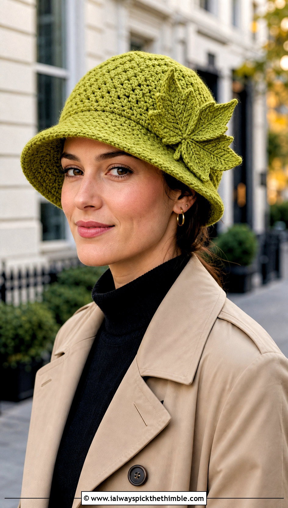 Crochet Maple Leaf Cloche With Trench Coat - 15 Crochet Thanksgiving Hat outfit ideas