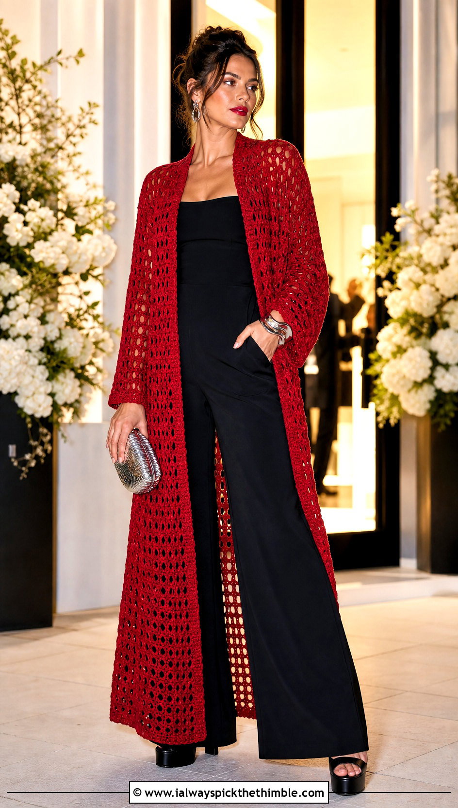 Crochet Maxi Coat With Wide Leg Jumpsuit - 25 crochet coats outfit ideas