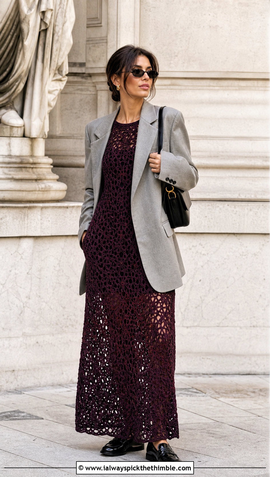 Crochet Maxi Dress With Blazer And Loafers - 20 Cute Things To Crochet Clothes and outfit ideas