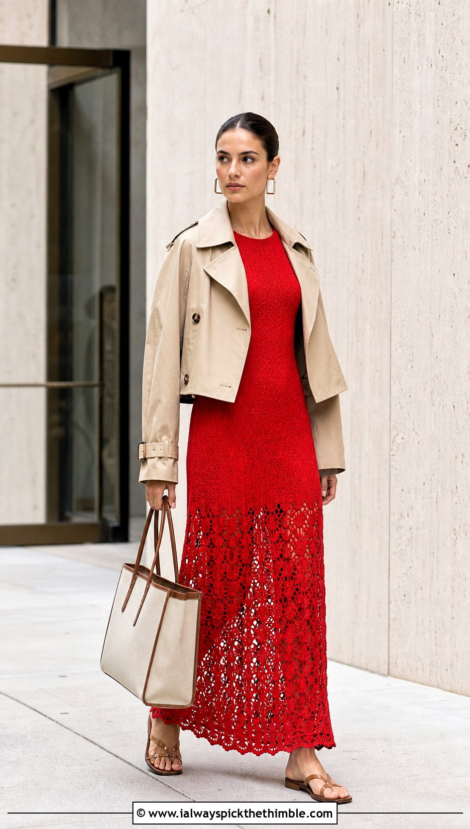 Crochet Maxi Dress With Cropped Trench Coat - 25 spring summer crochet clothes ideas