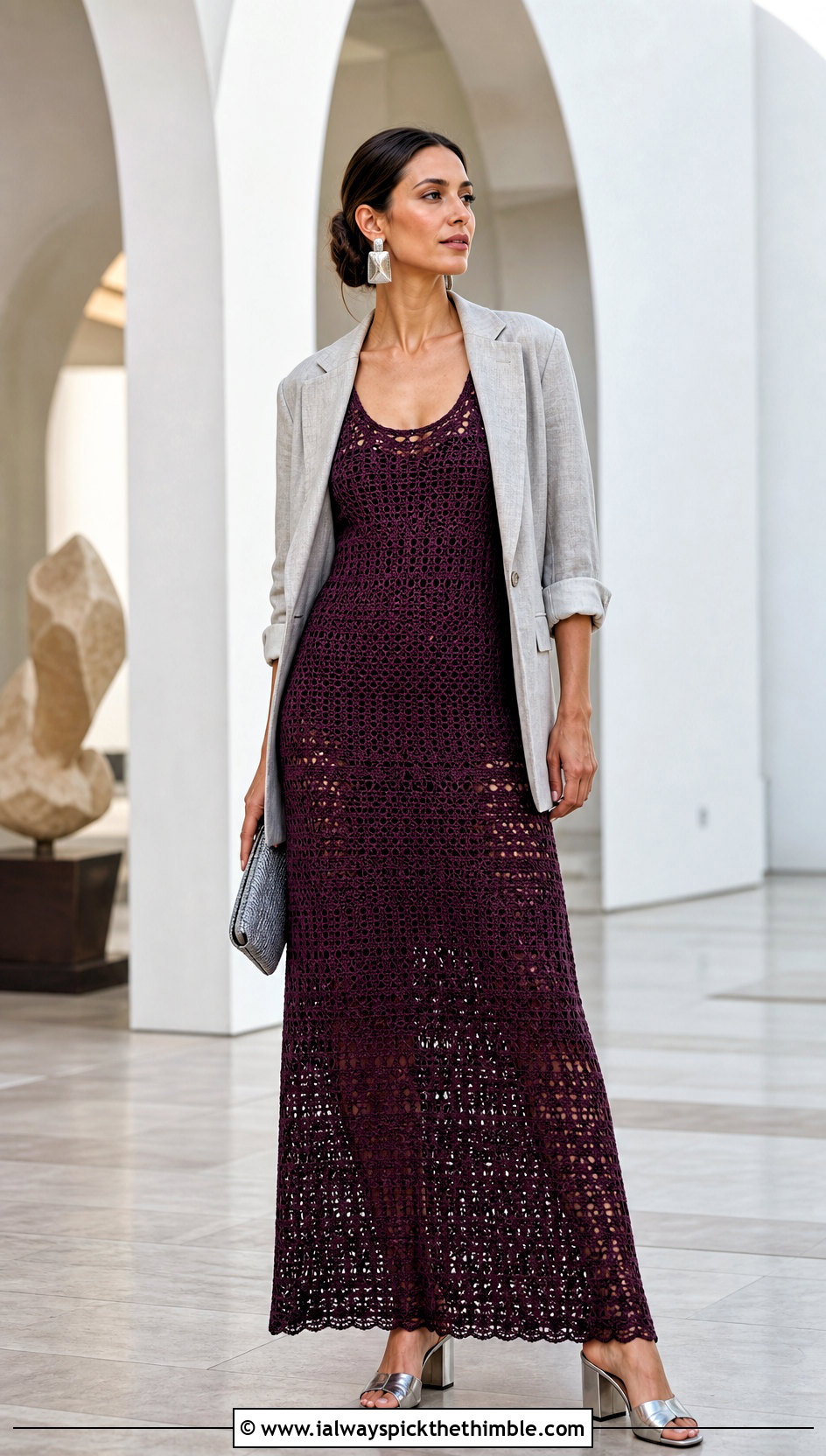 Crochet Maxi Dress With Linen Blazer - 25 summer crochet clothes and outfit ideas