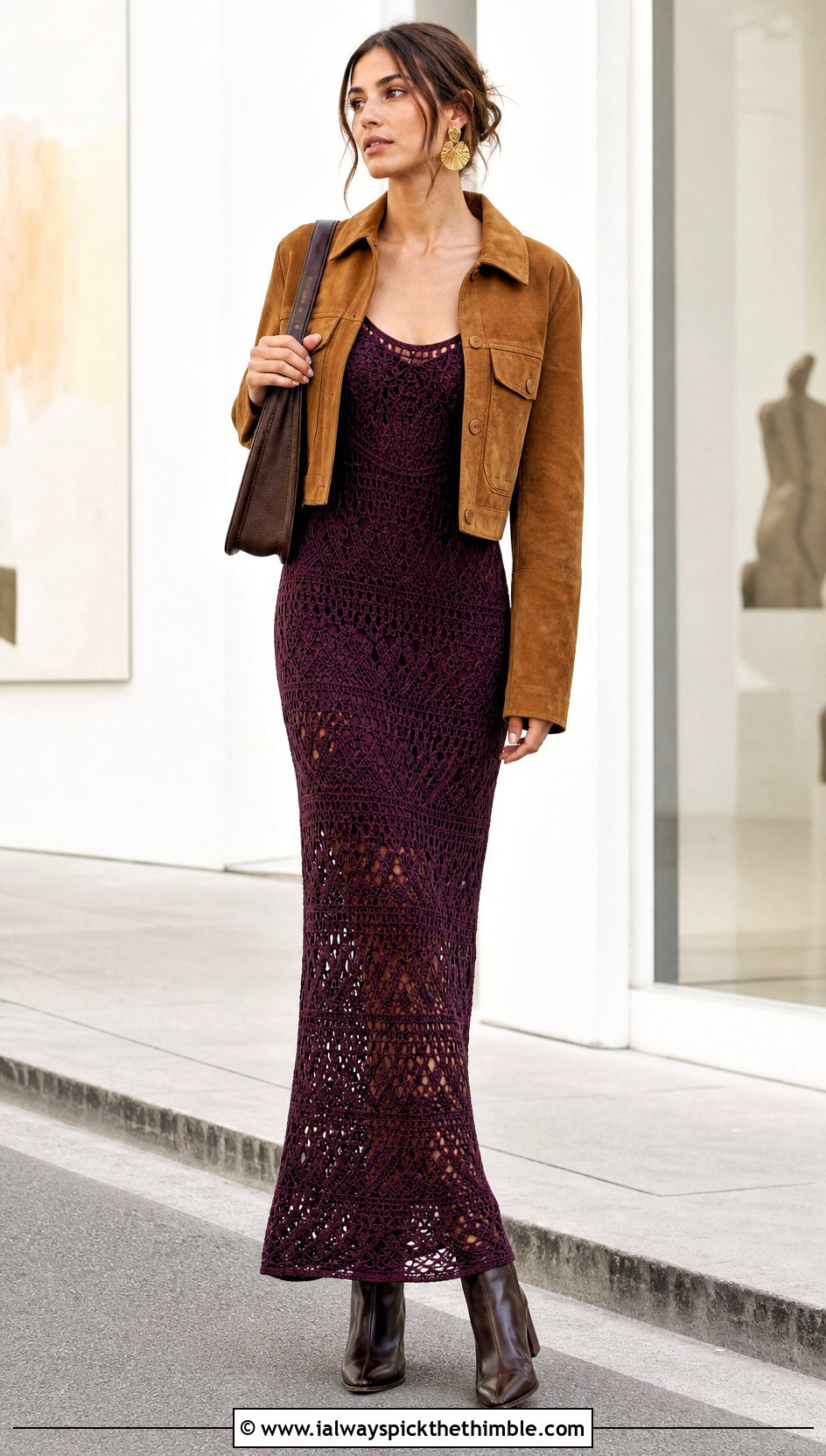 Crochet Maxi Dress With Suede Jacket - 20 unique crochet clothes and outfit ideas
