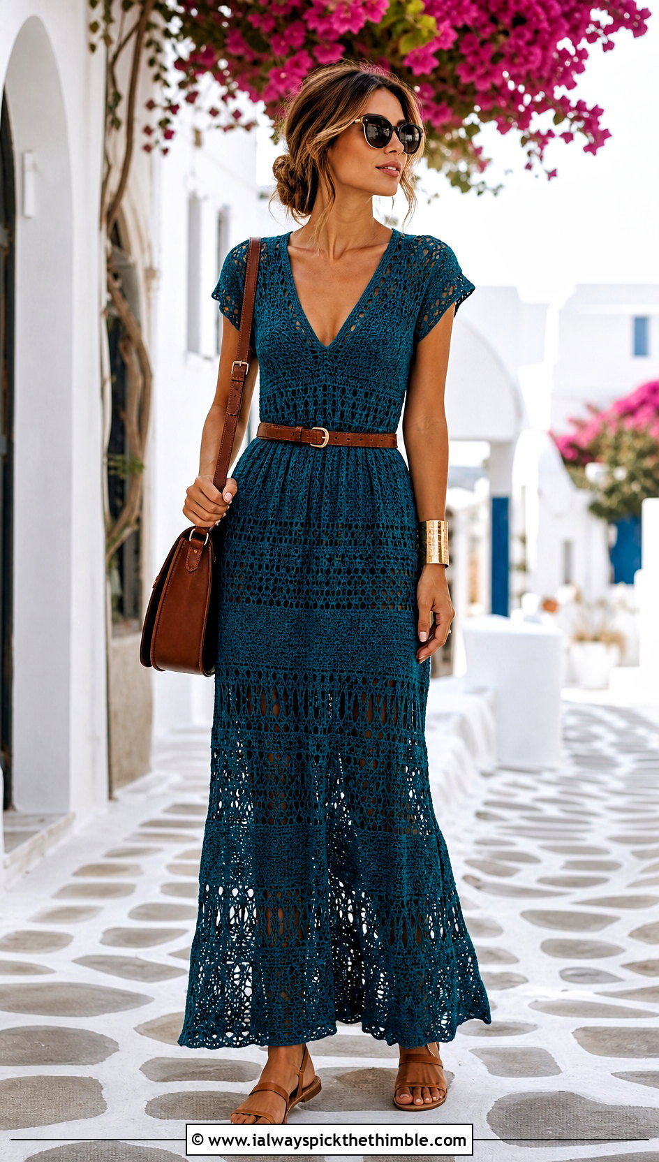 Crochet Maxi Frock With Leather Belt And Sandals - 25 crochet frock outfit ideas