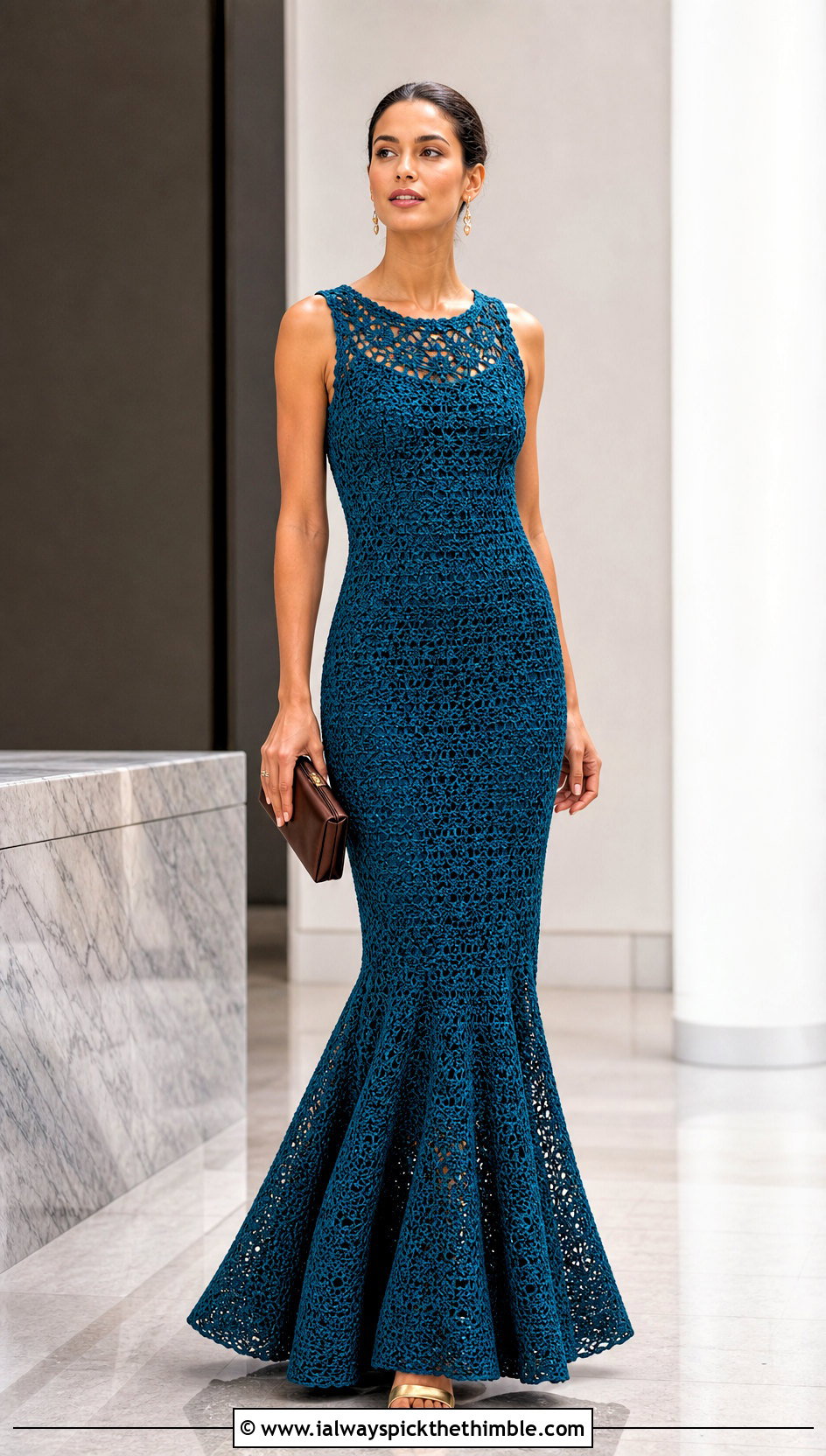 Crochet Mermaid Gown With Metallic Sandals - 25 Formal Crochet Dress outfit ideas