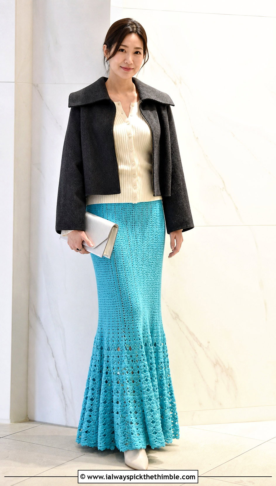 Crochet Mermaid Maxi Skirt With Fitted Cardigan - 25 crochet winter skirt outfit ideas