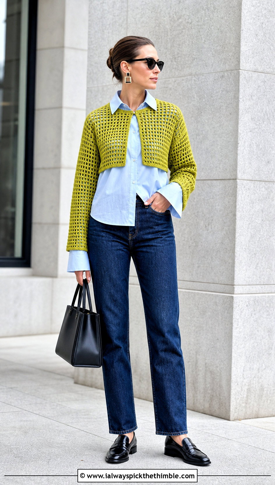 Crochet Mesh Bolero Top With Poplin Shirt - 20 long sleeve crochet mesh top outfit ideas