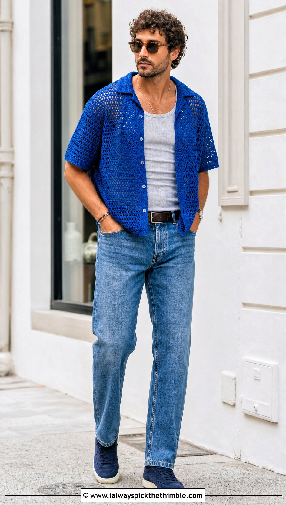 Crochet Mesh Button Up Shirt With Straight Jeans - 25 mens crochet shirt outfit ideas