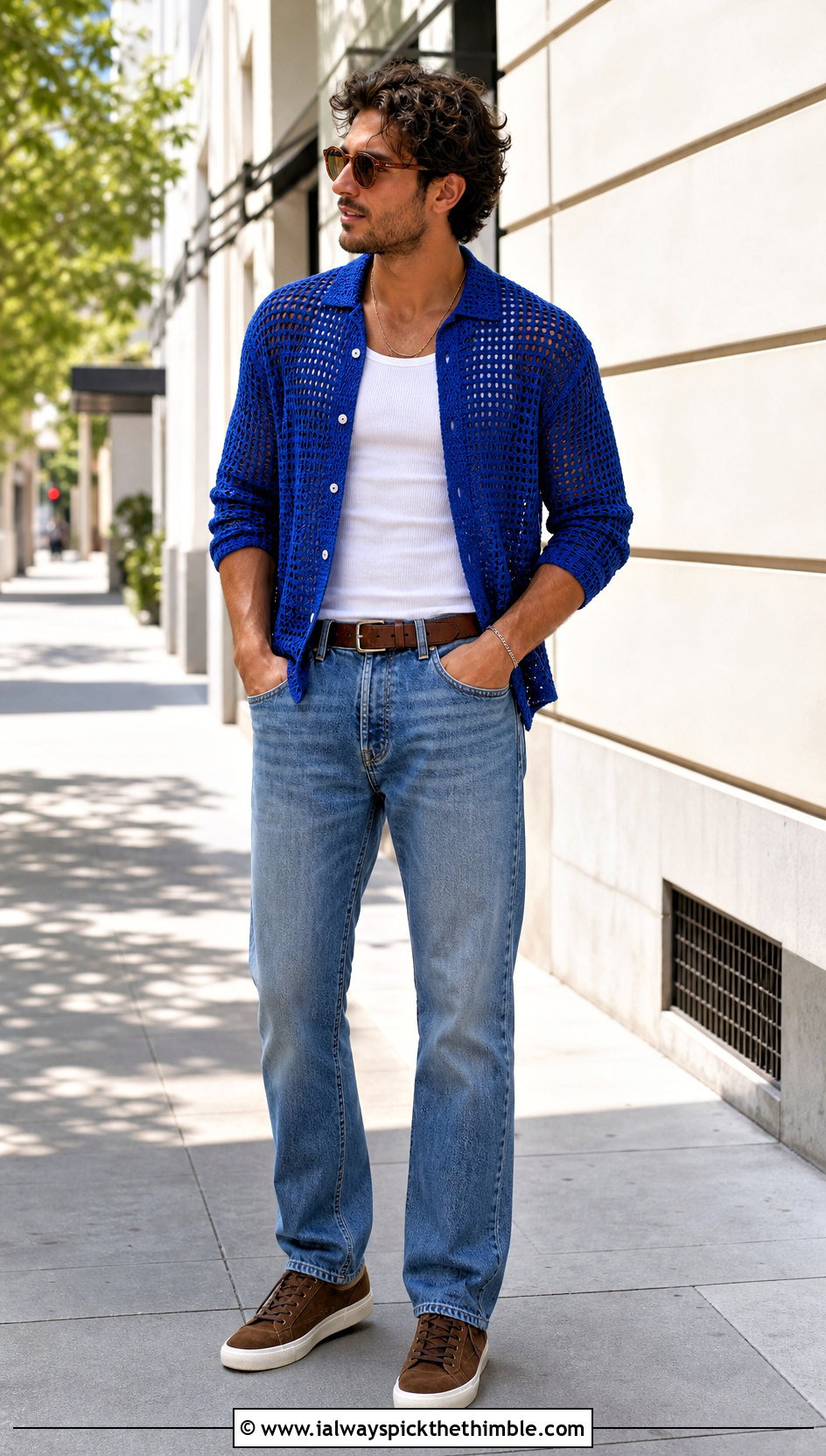 Crochet Mesh Button Up Shirt With Straight Jeans - 15 Mens Crochet Collared Shirt outfit ideas