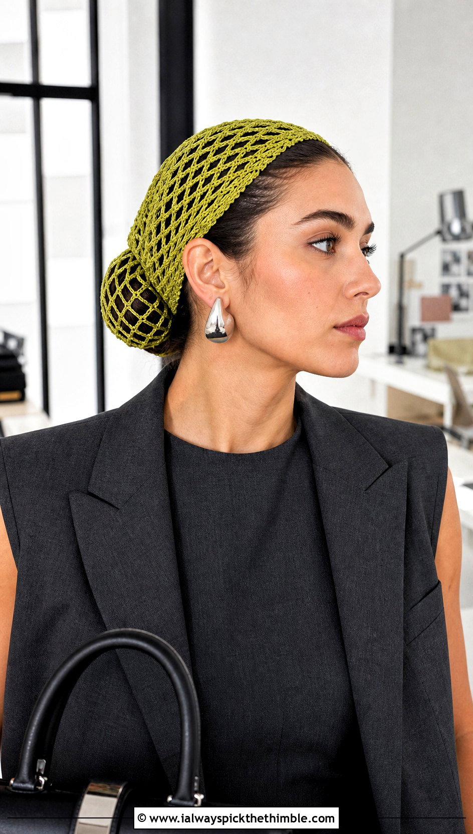 Crochet Mesh Hairnet Cap With Tailored Trousers - 15 crochet hair cap outfit ideas