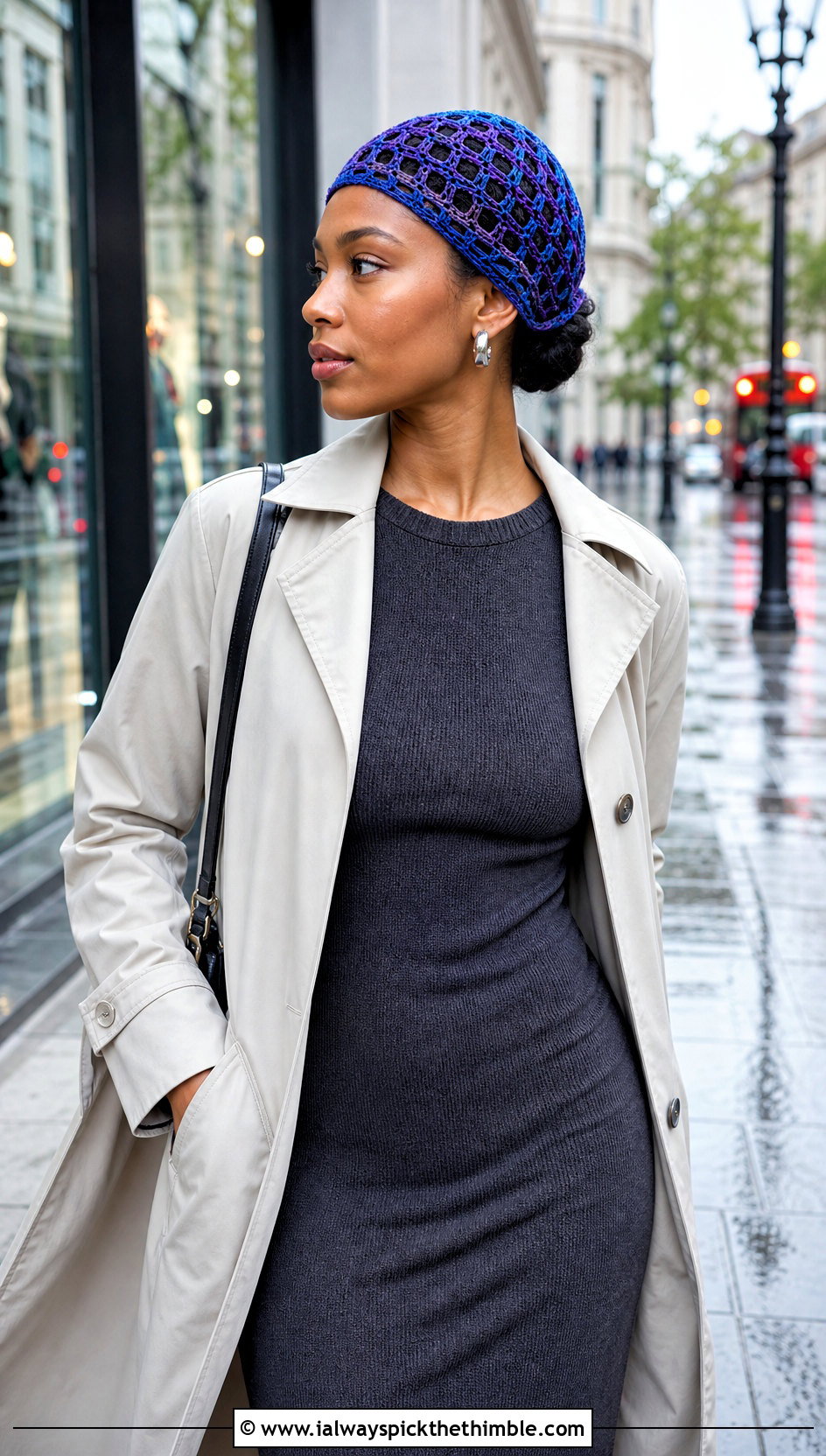 Crochet Mesh Hairnet Cap With Trench Coat And Knit Dress - 20 Crochet Mesh Cap outfit ideas
