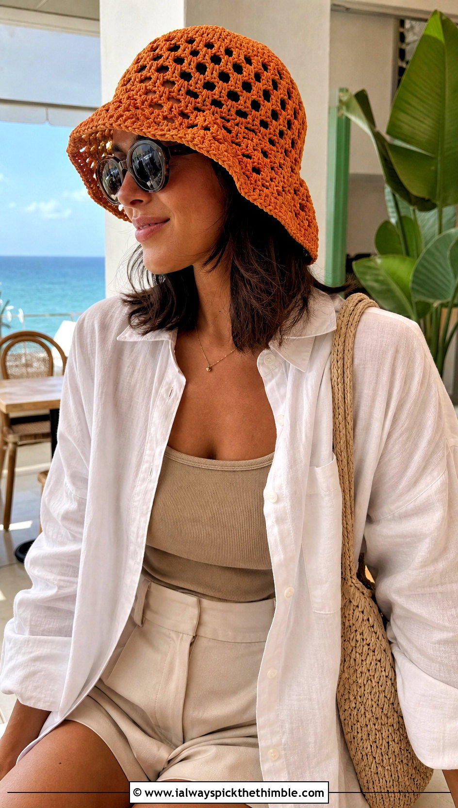 Crochet Mesh Hat With Linen Shirt and Shorts - 20 fast crochet hat outfit ideas