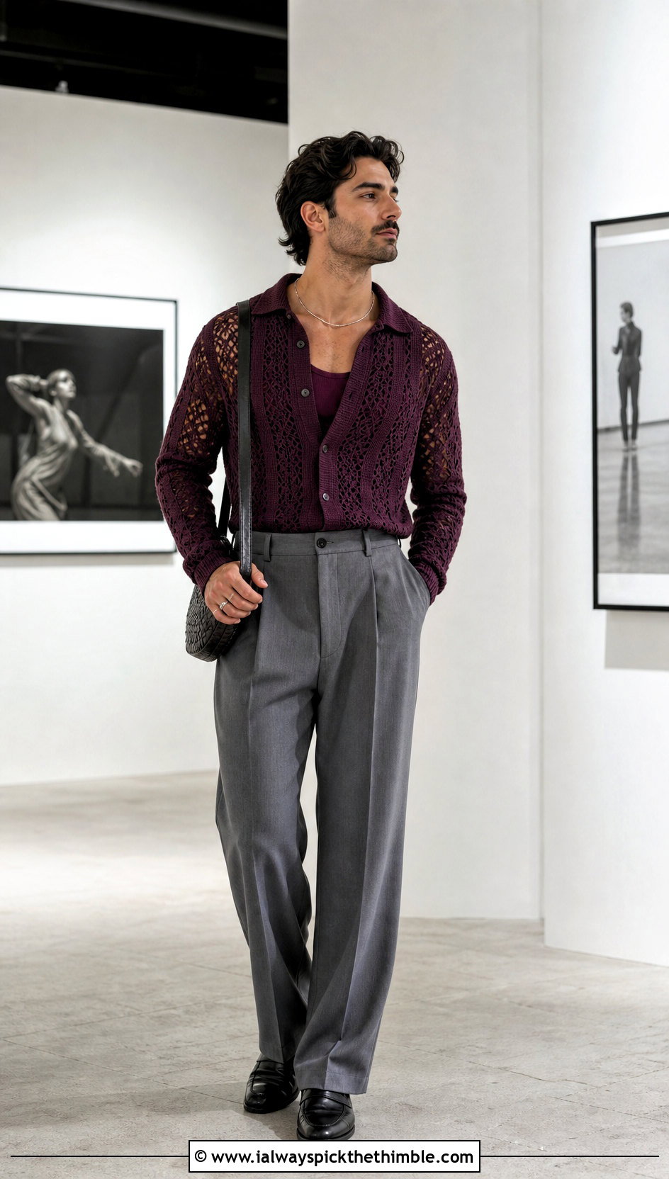Crochet Mesh Long Sleeve Shirt With Suit Trousers - 15 men crochet clothes and outfit ideas