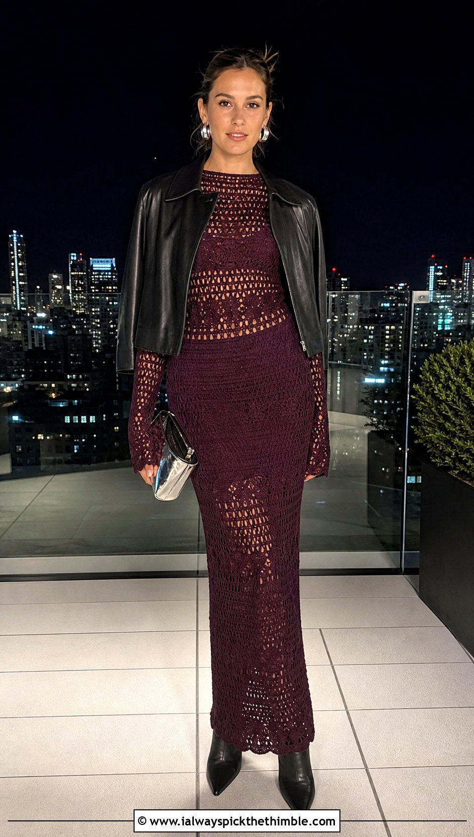 Crochet Mesh Long Sleeve Top And Column Skirt Set With Leather Jacket - 20 crochet top skirt set outfit ideas