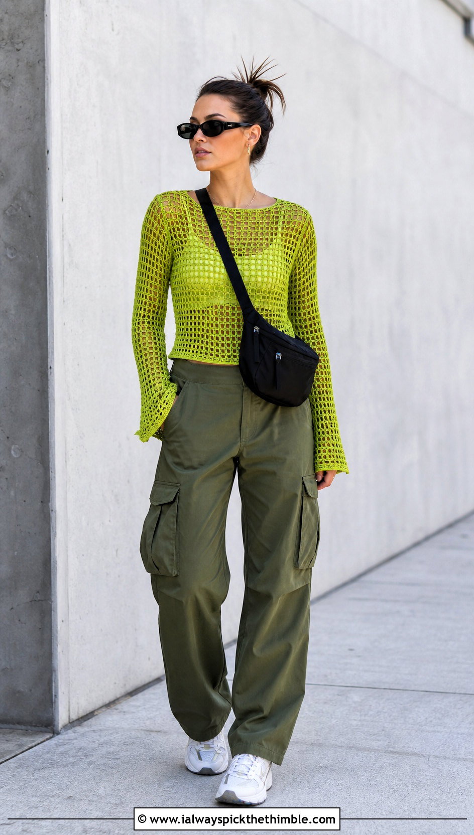Crochet Mesh Long Sleeve Top With Cargo Pants - 25 aesthetic crochet tops outfit ideas