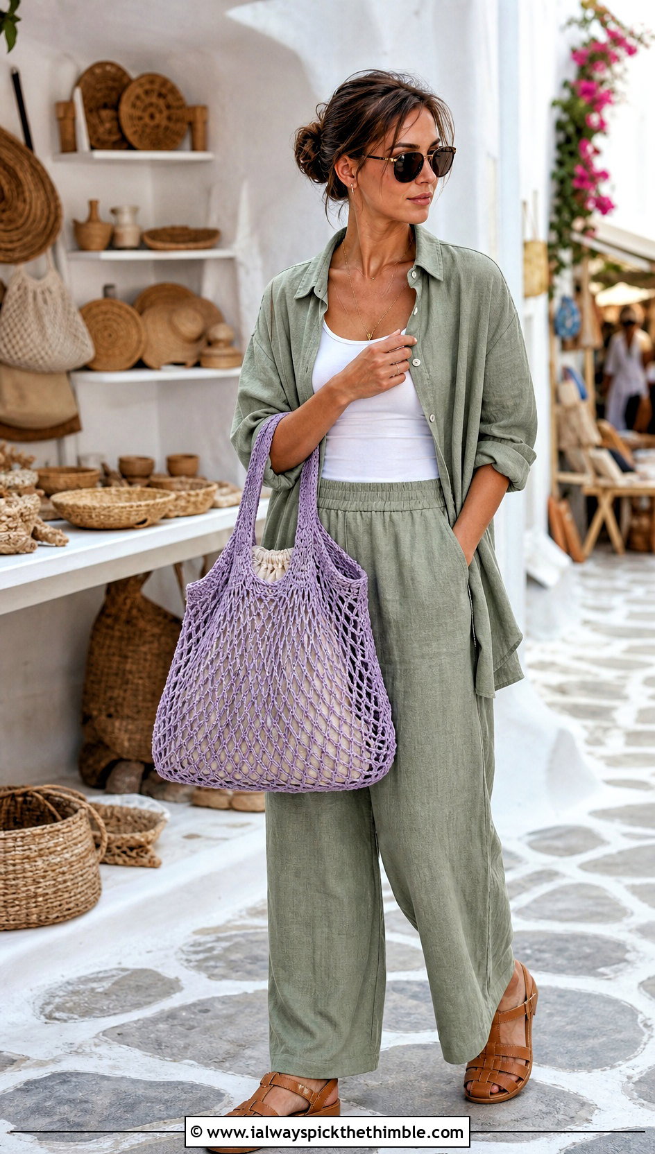 Crochet Mesh Market Bag With Linen Set Outfit - 25 crochet accessories outfit ideas