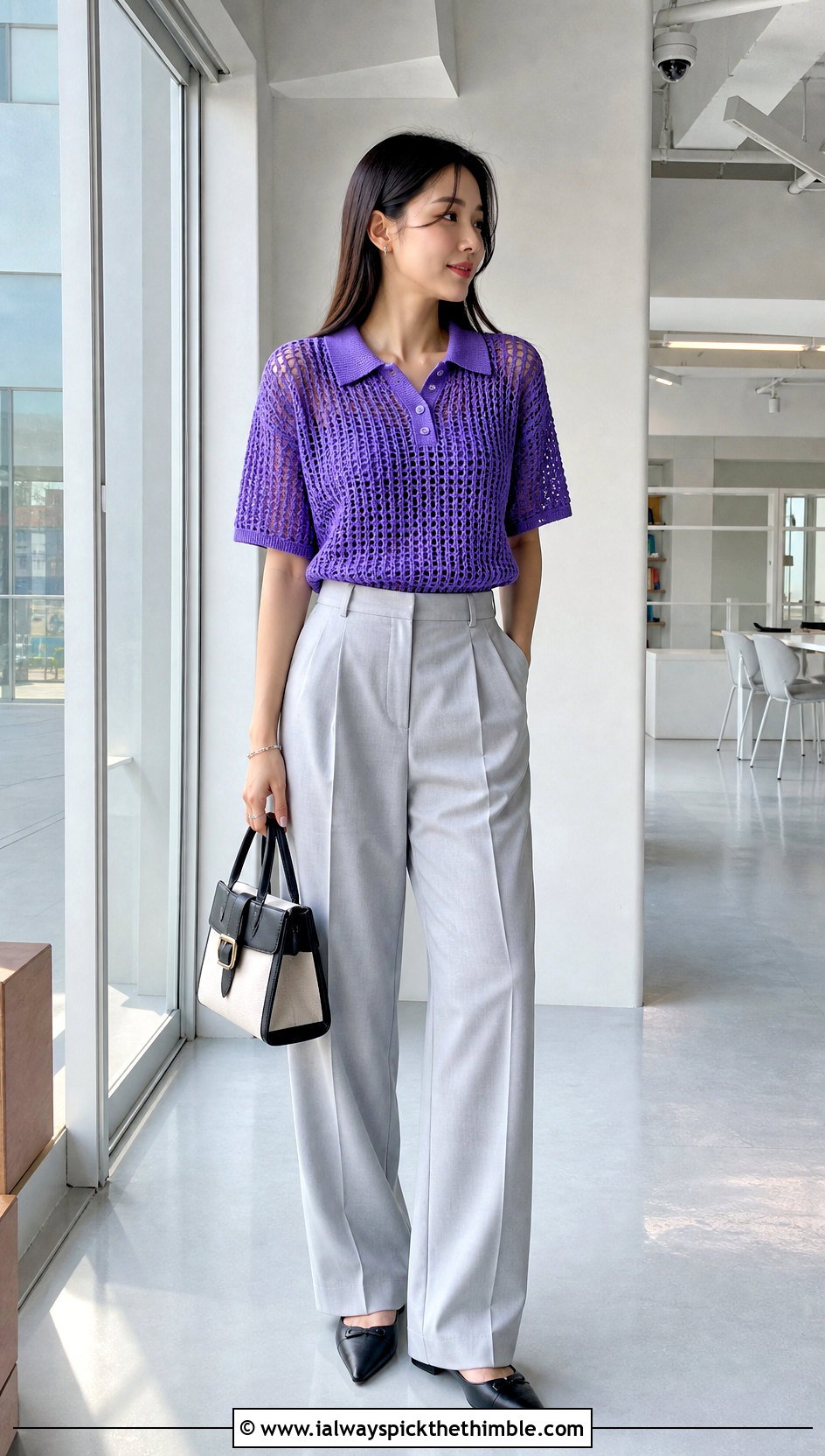 Crochet Mesh Polo With Tailored Trousers - 20 korean crochet outfits ideas