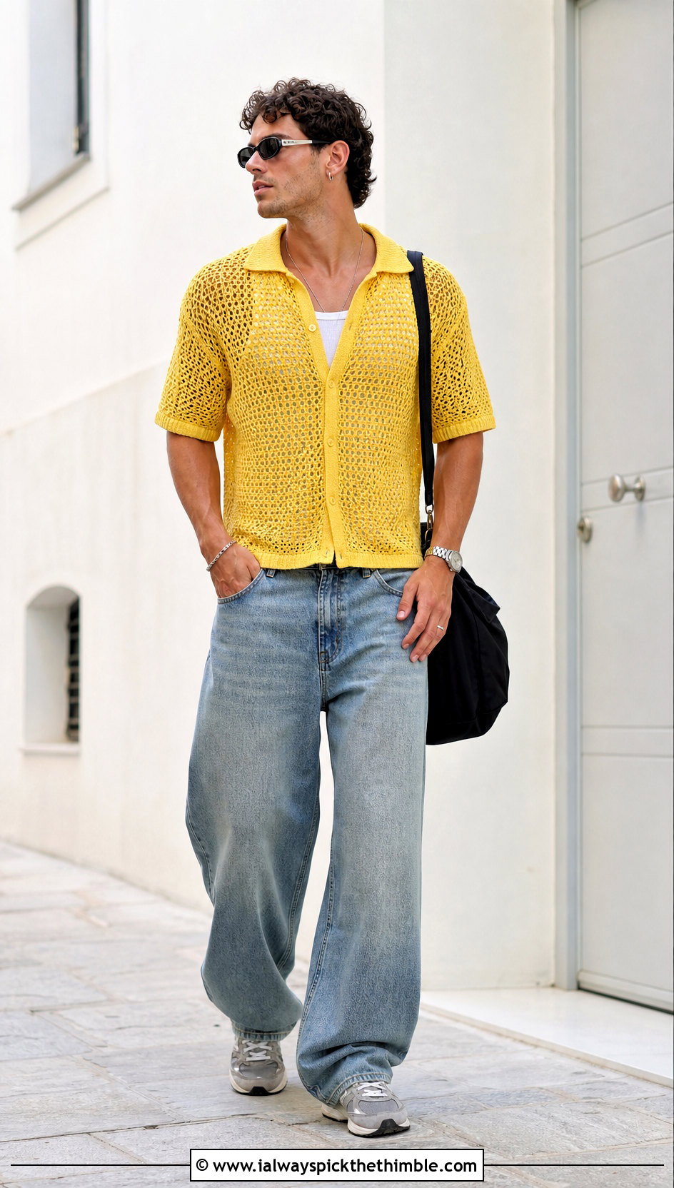 Crochet Mesh Polo With Wide Leg Jeans - 25 crochet top for men outfit ideas