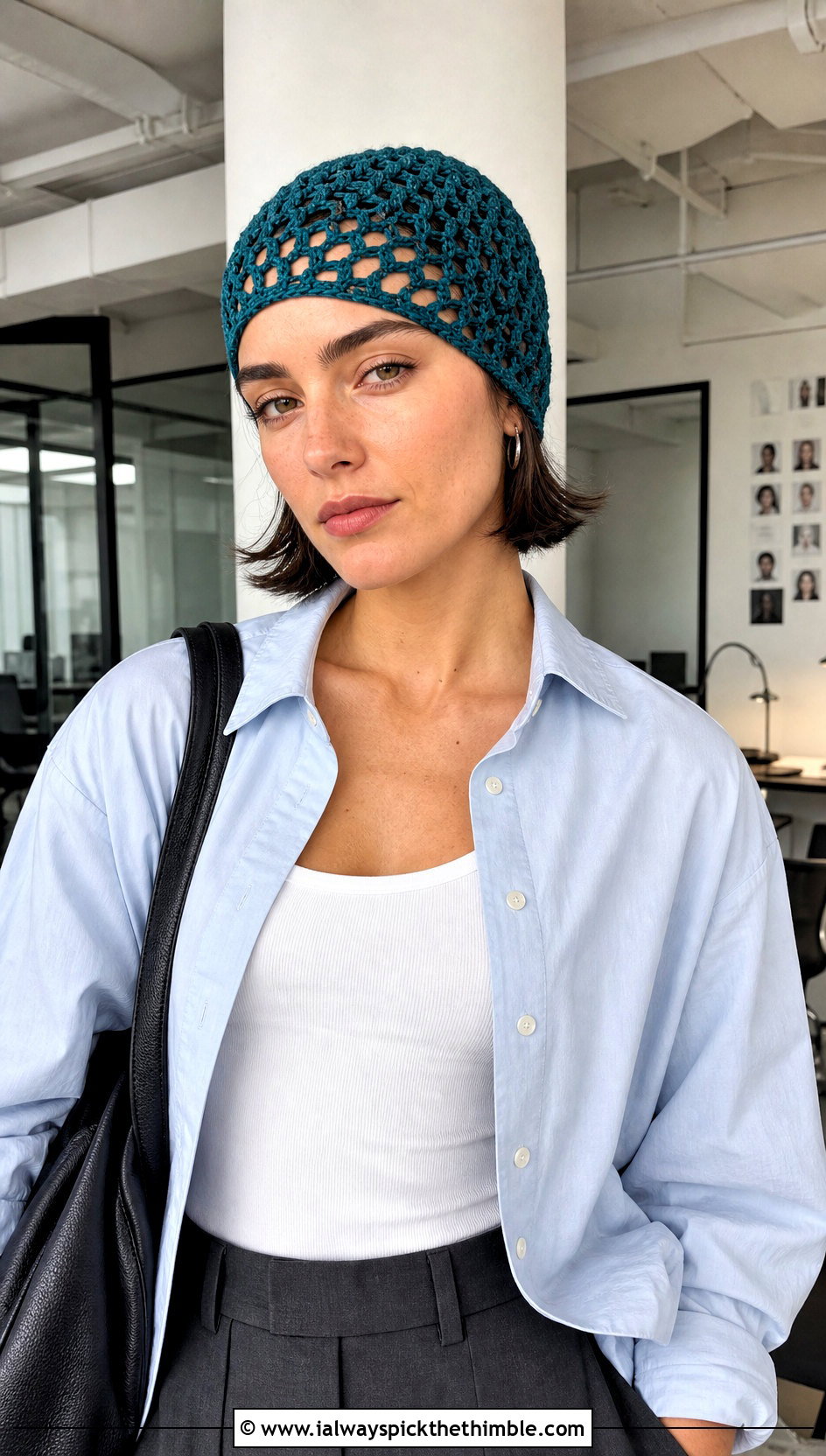 Crochet Mesh Skull Cap With Tailored Trousers - 20 Cute Crochet Hats outfit ideas