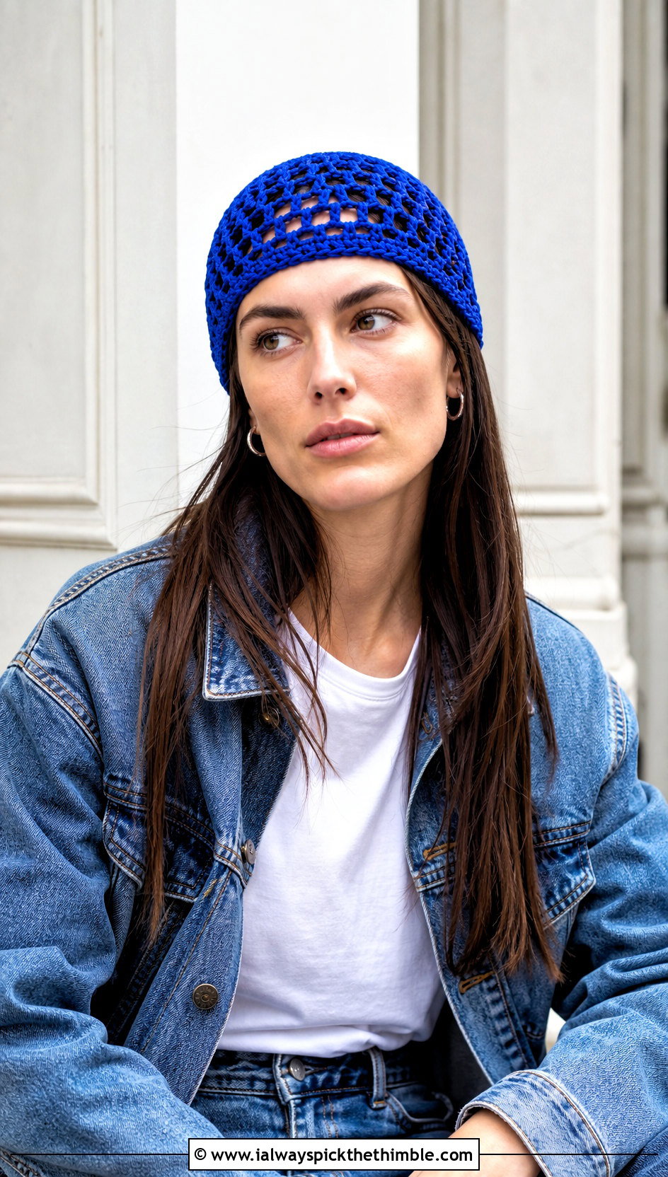 Crochet Mesh Skull Cap With White T Shirt And Jeans - 20 Crochet Mesh Cap outfit ideas