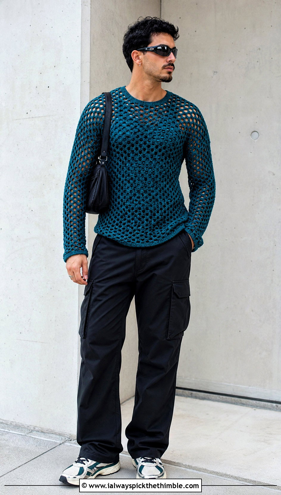 Crochet Mesh Sweater With Cargo Pants - 15 Crochet Mens Sweaters outfit ideas