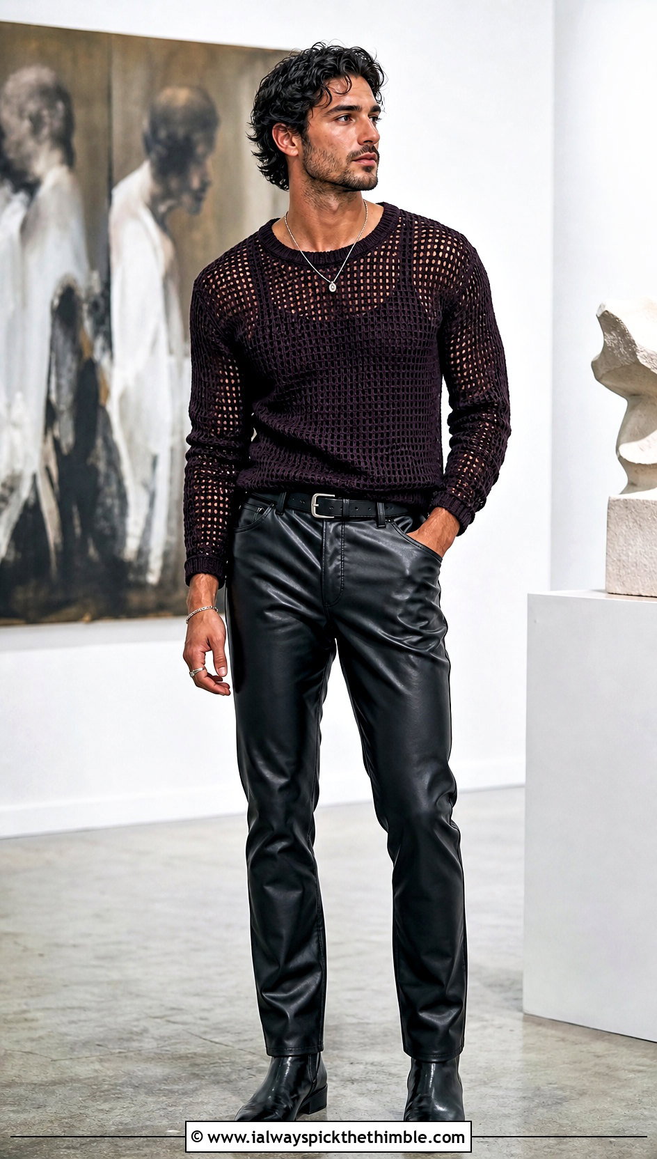 Crochet Mesh Sweater With Leather Pants - 20 Mens Crochet Outfit ideas
