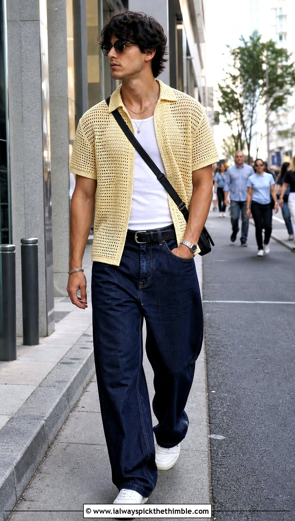 Crochet Mesh T Shirt With Baggy Jeans - 15 crochet tops for men outfit ideas