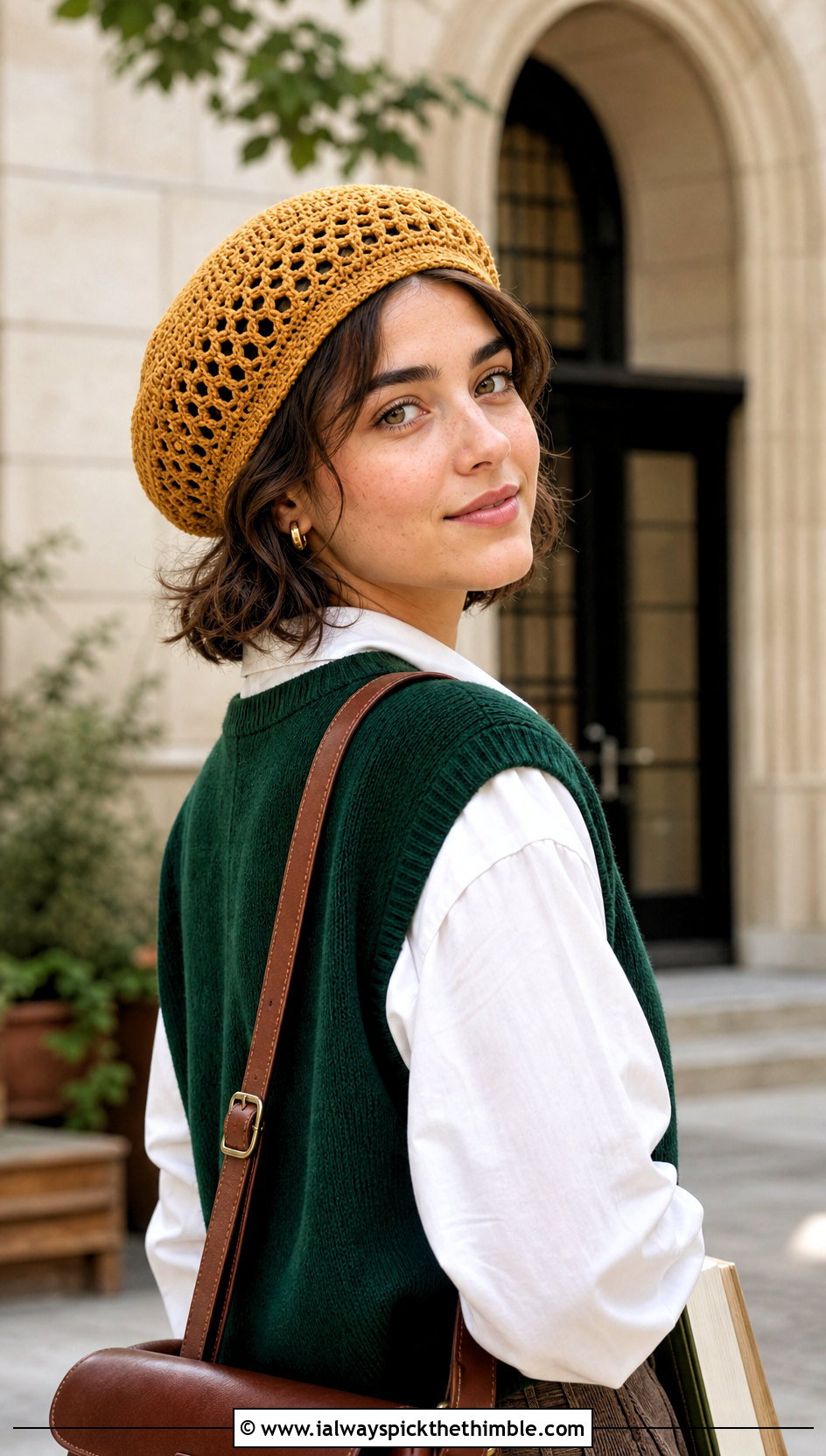 Crochet Mesh Tam Hat With Sweater Vest - 25 crochet mesh hat outfit ideas