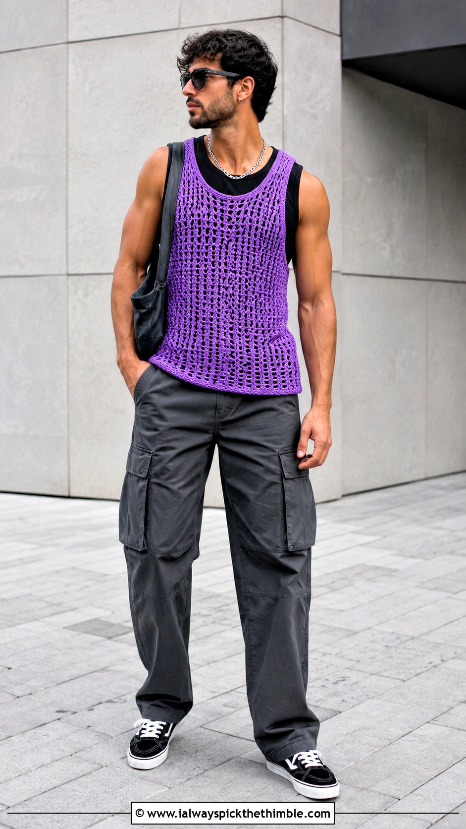 Crochet Mesh Tank Top With Cargo Pants - 25 crochet top men outfit ideas