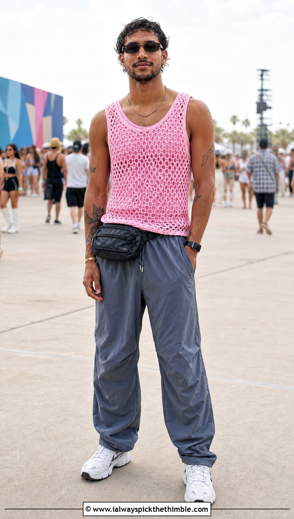 Crochet Mesh Tank Top With Parachute Pants - 20 men crochet top outfit ideas