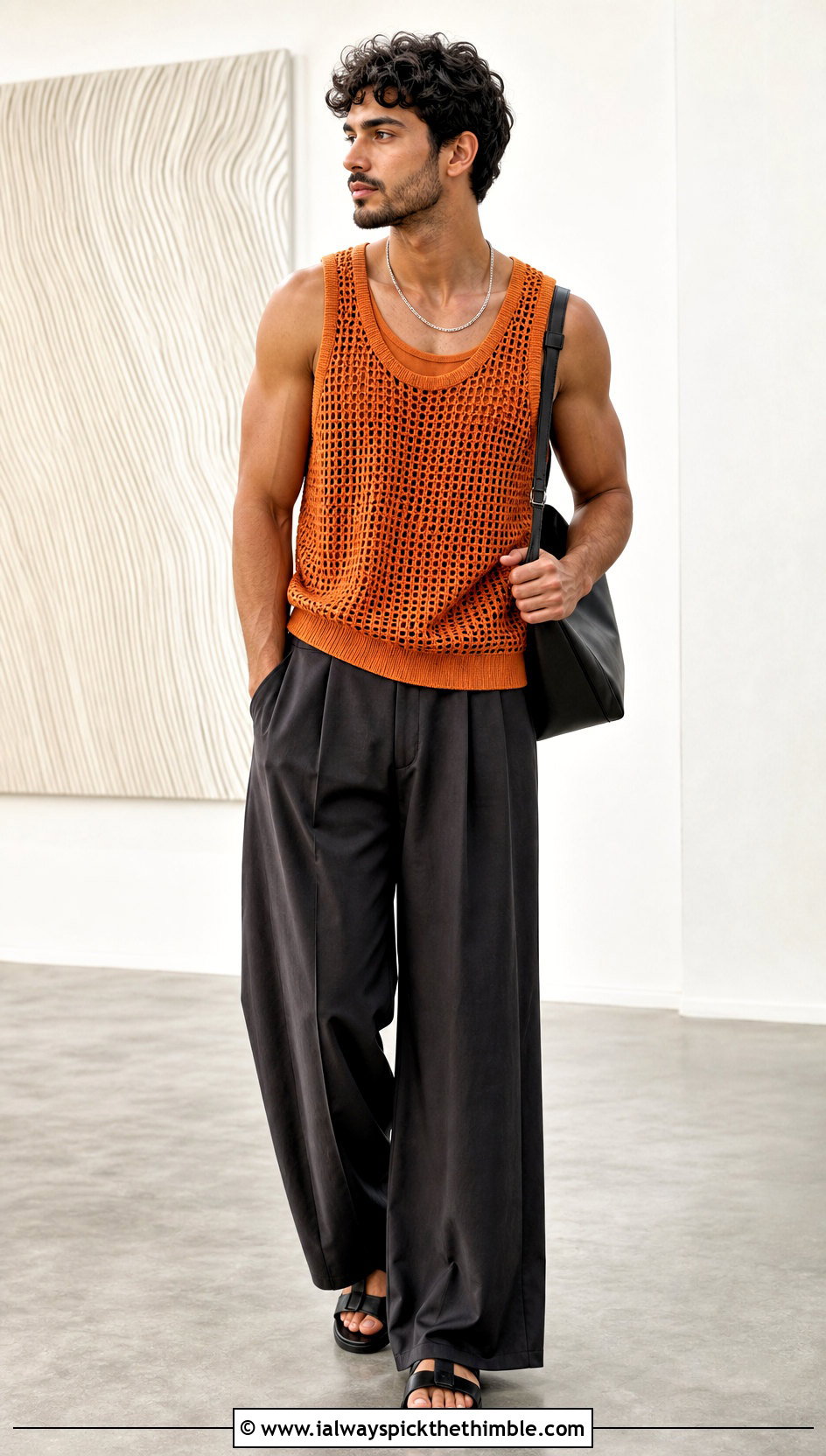 Crochet Mesh Tank With Wide Leg Trousers - 20 crochet men's clothes and outfit ideas