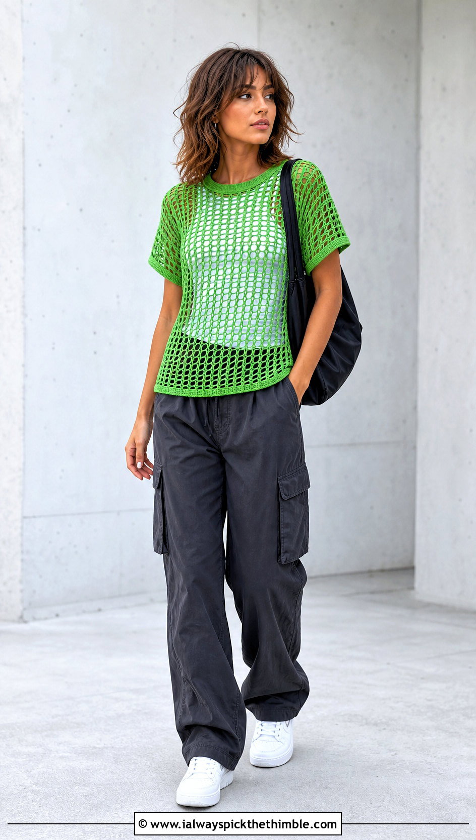 Crochet Mesh Tee With Cargo Pants - 20 easy crochet summer tops for beginners outfit ideas