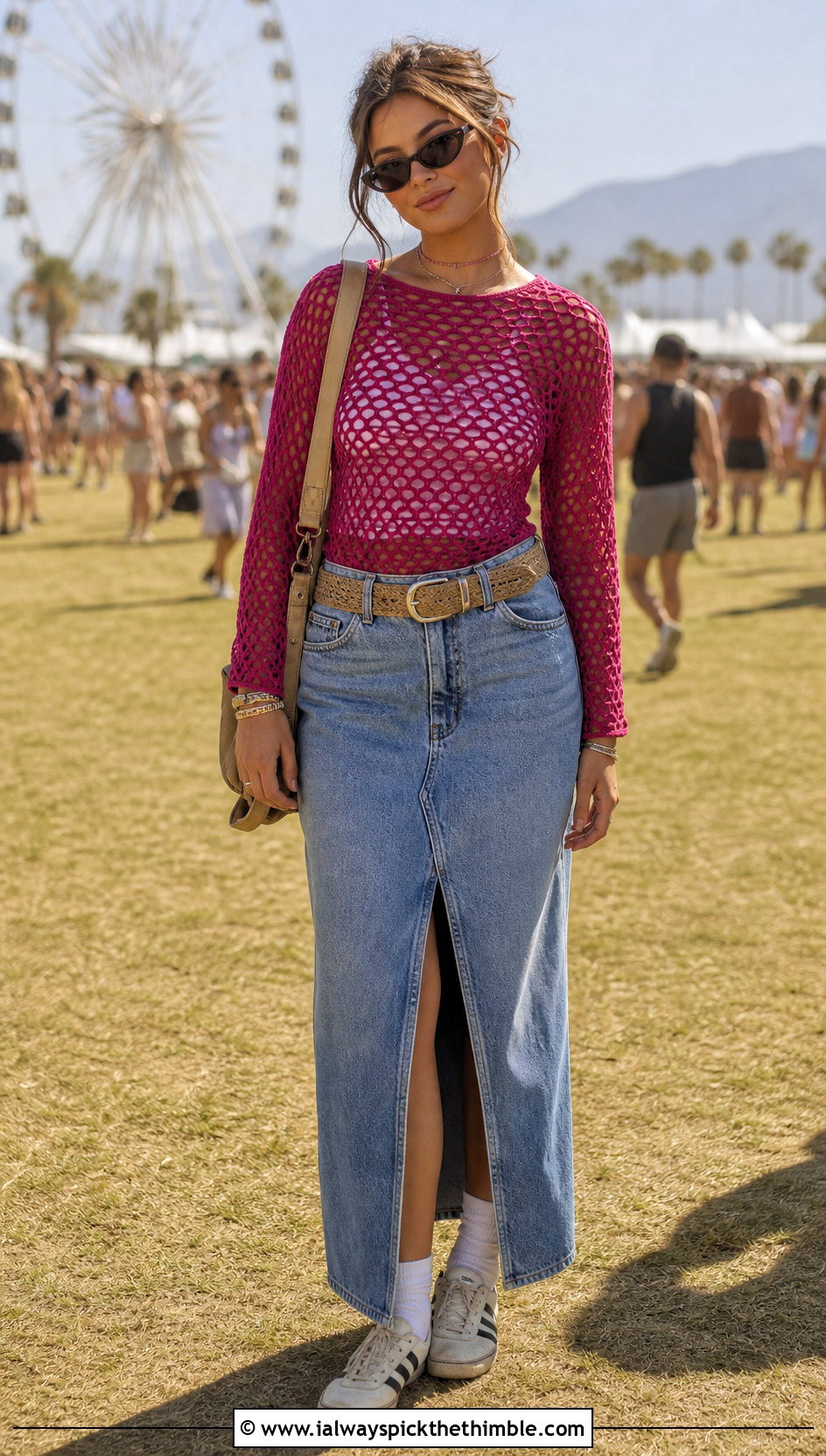 Crochet Mesh Top Festival Outfit With Denim Maxi Skirt - 20 Crochet Festival Outfit ideas